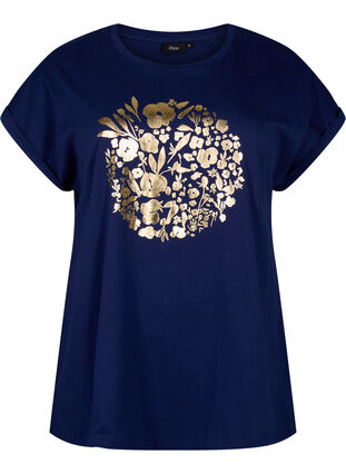 T-shirt i ekologisk bomull med guldtryck, Med.Blue Gold Flower, Packshot image number 0