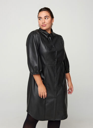 Klänning i fuskläder med 3/4 puffärmar, Black, Model image number 0