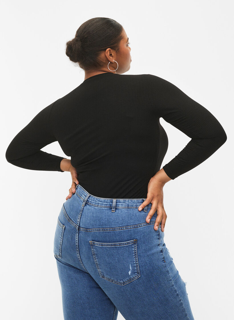 Långärmad ribbad blus med håldetaljer, Black, Model image number 1