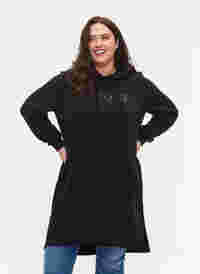 Sweatshirtklänning med huva och slits, Black, Model