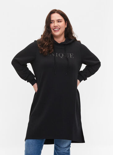 Sweatshirtklänning med huva och slits, Black, Model image number 0