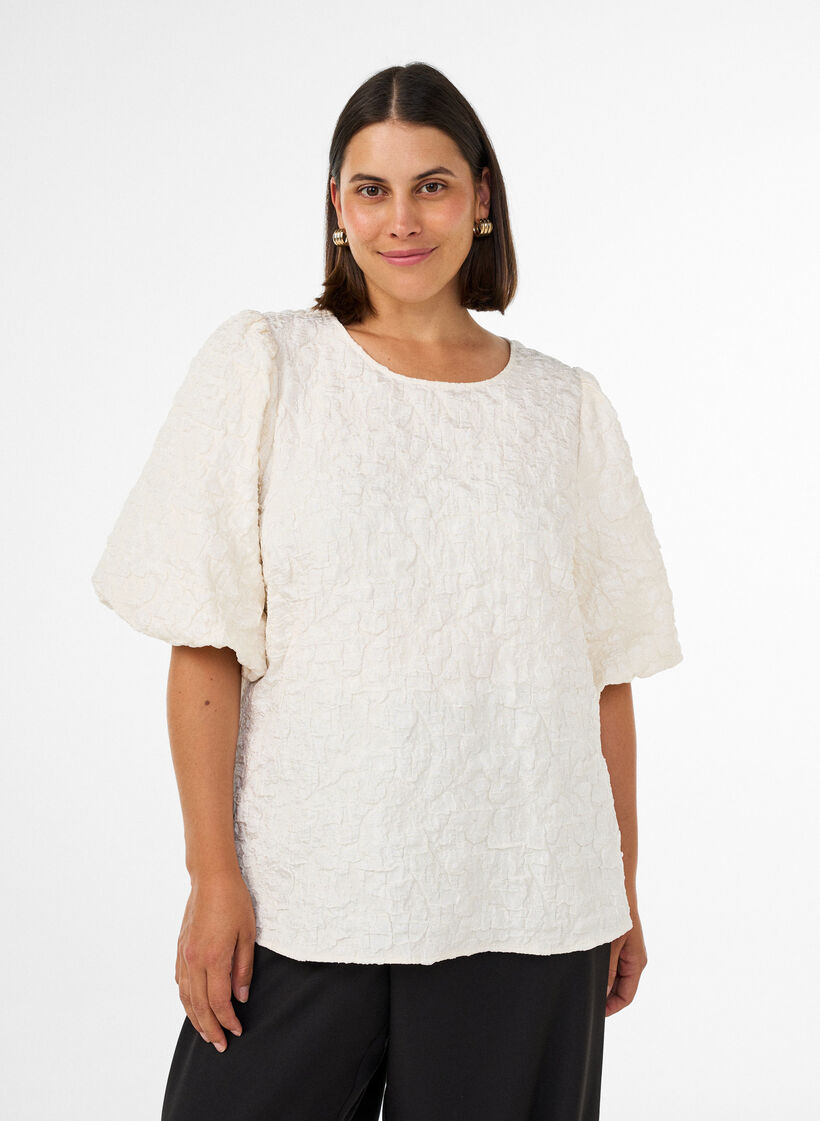Blus i jacquard med puff&auml;rmar och a-linjeformad passform, Vanilla, Model image number 0