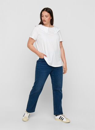 T-shirt i bomull med krage, Bright White, Model image number 2