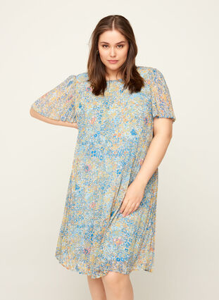Plisserad klänning med blommönster, Light Blue Multi AOP, Model image number 0