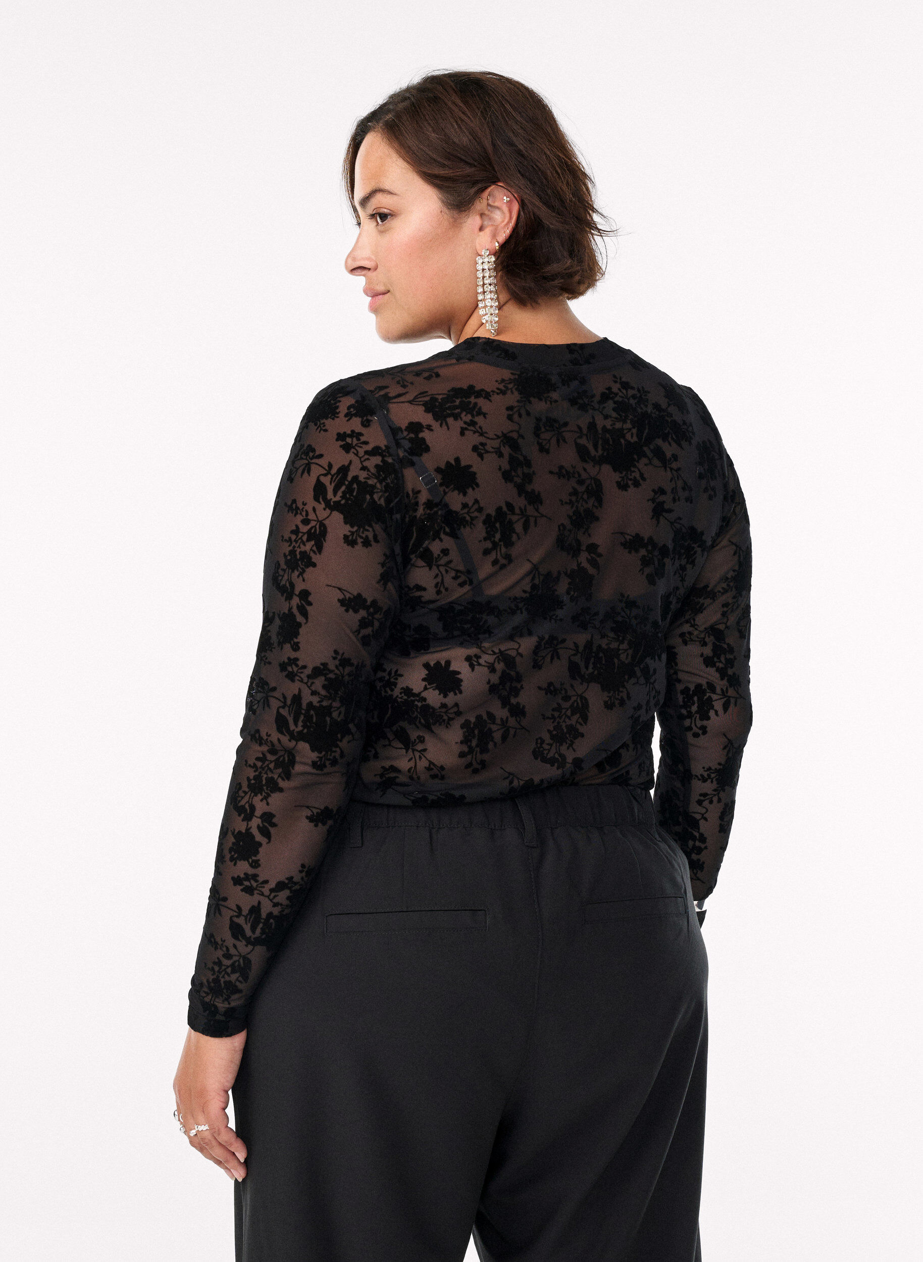 ZizziBlus i mesh med blommigt m&ouml;nster, Svart, Model image number 2