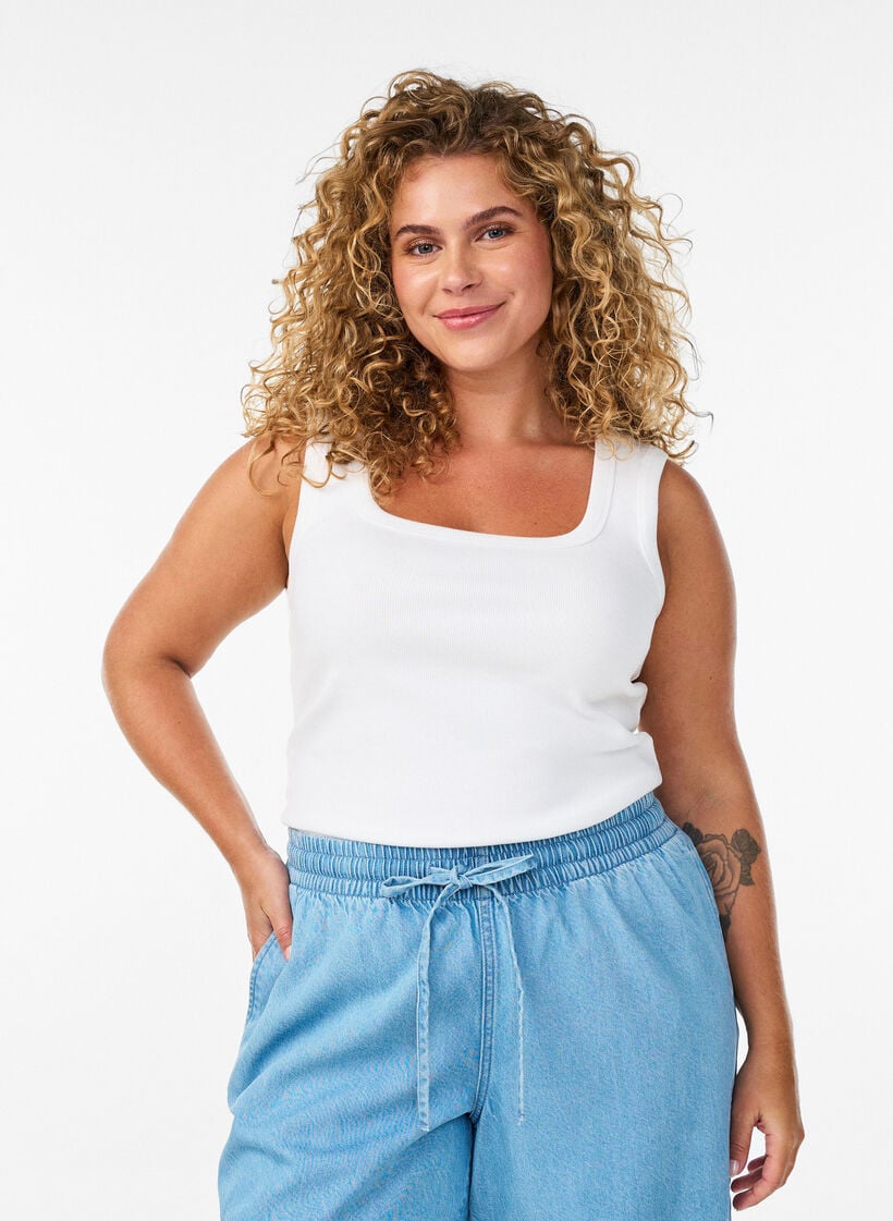 Ribbad topp med fyrkantig ringning, Vit, Model image number 0
