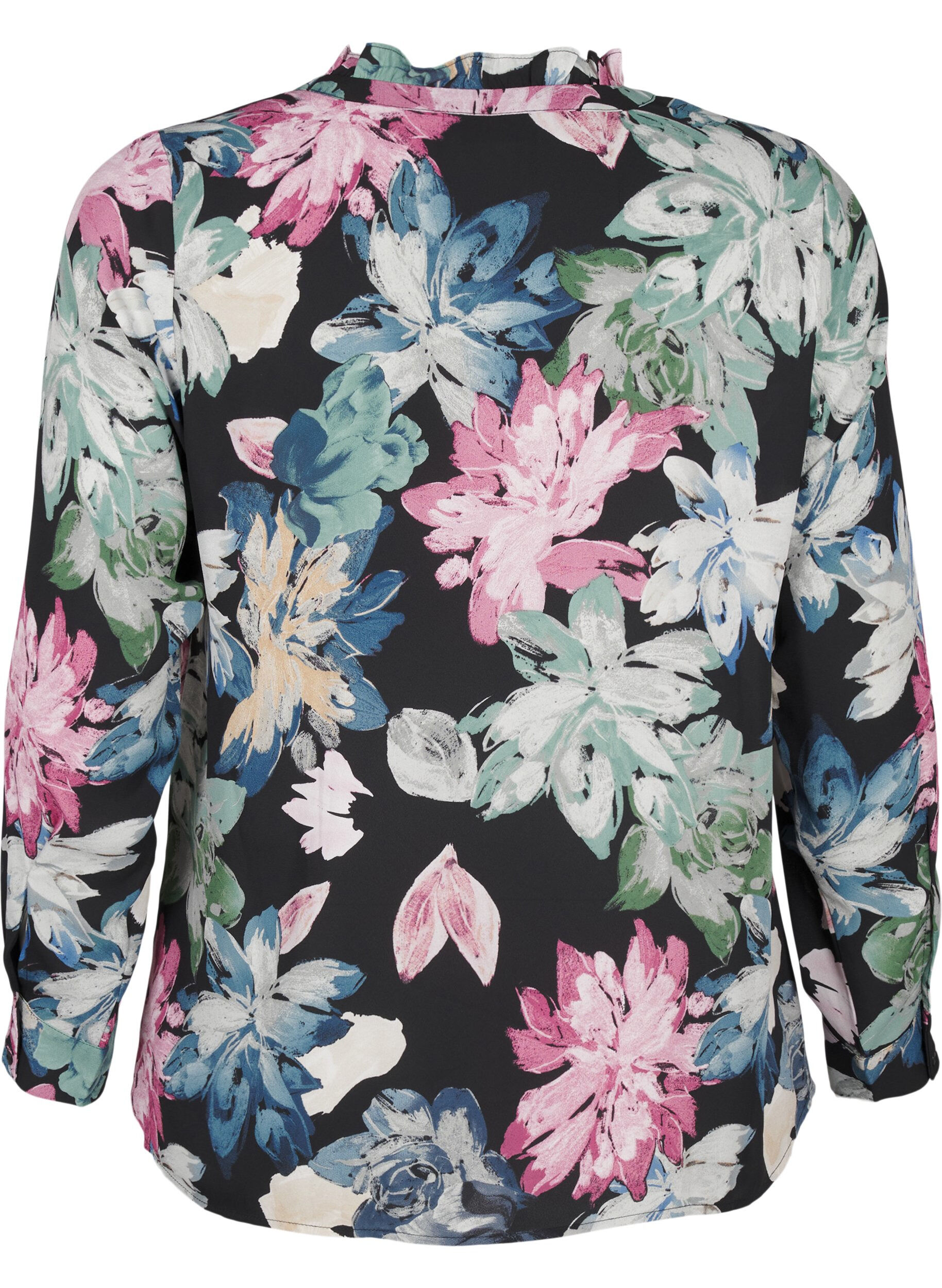 Zizzi L&aring;ng&auml;rmad blus med blommigt tryck, Rose Flower AOP, Packshot image number 1