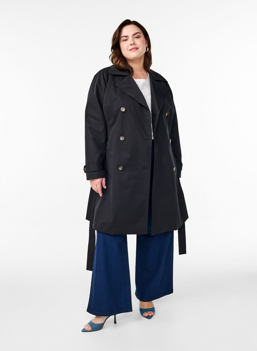 Halvlång trenchcoat med skärp, Black, Model image number 2