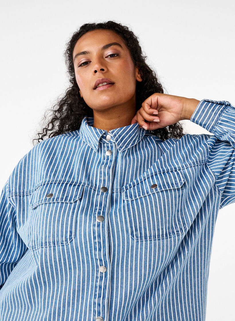 Randig jeansskjorta med bröstfickor, Light B.Denim Stripe, Model image number 3