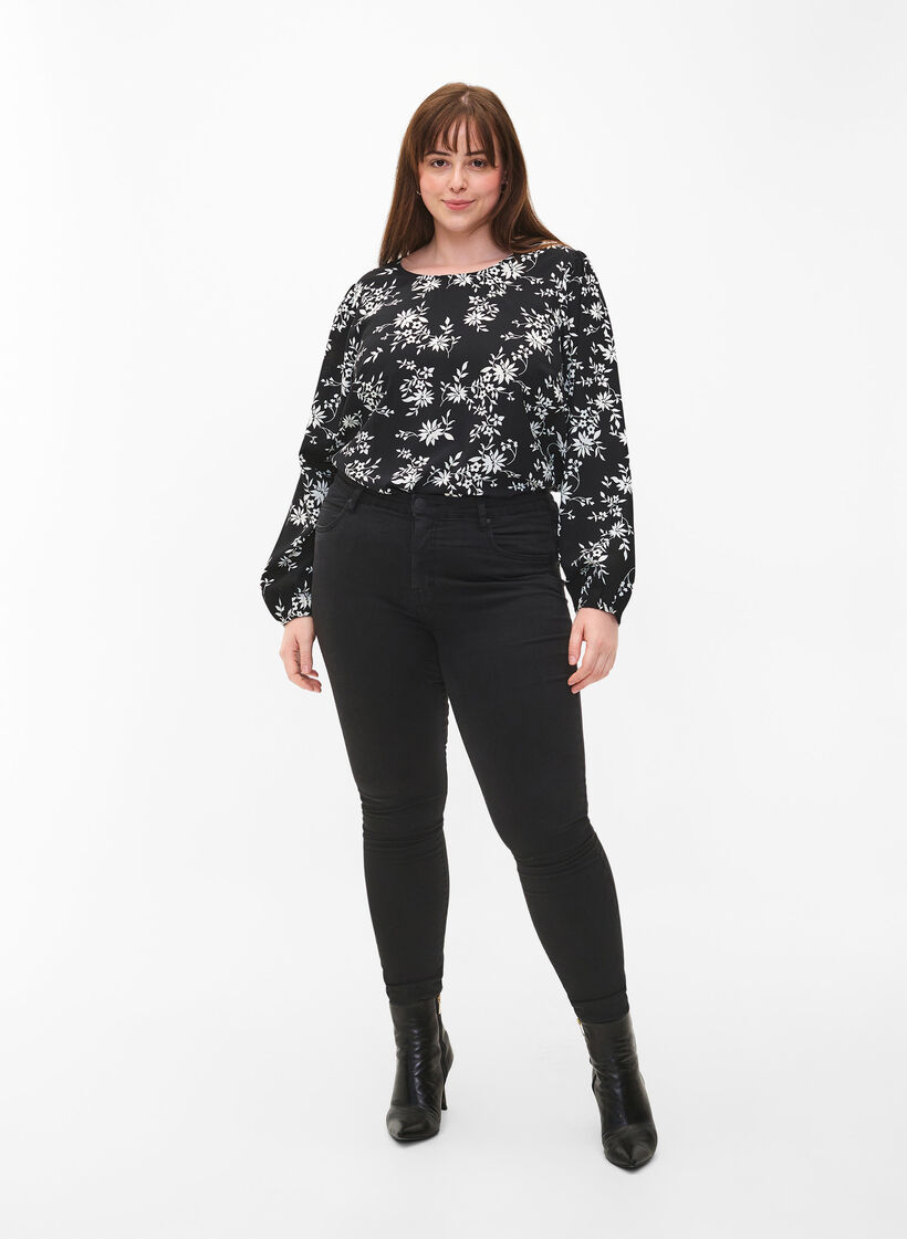 Blus med puff&auml;rm, Black Flower AOP, Model image number 2
