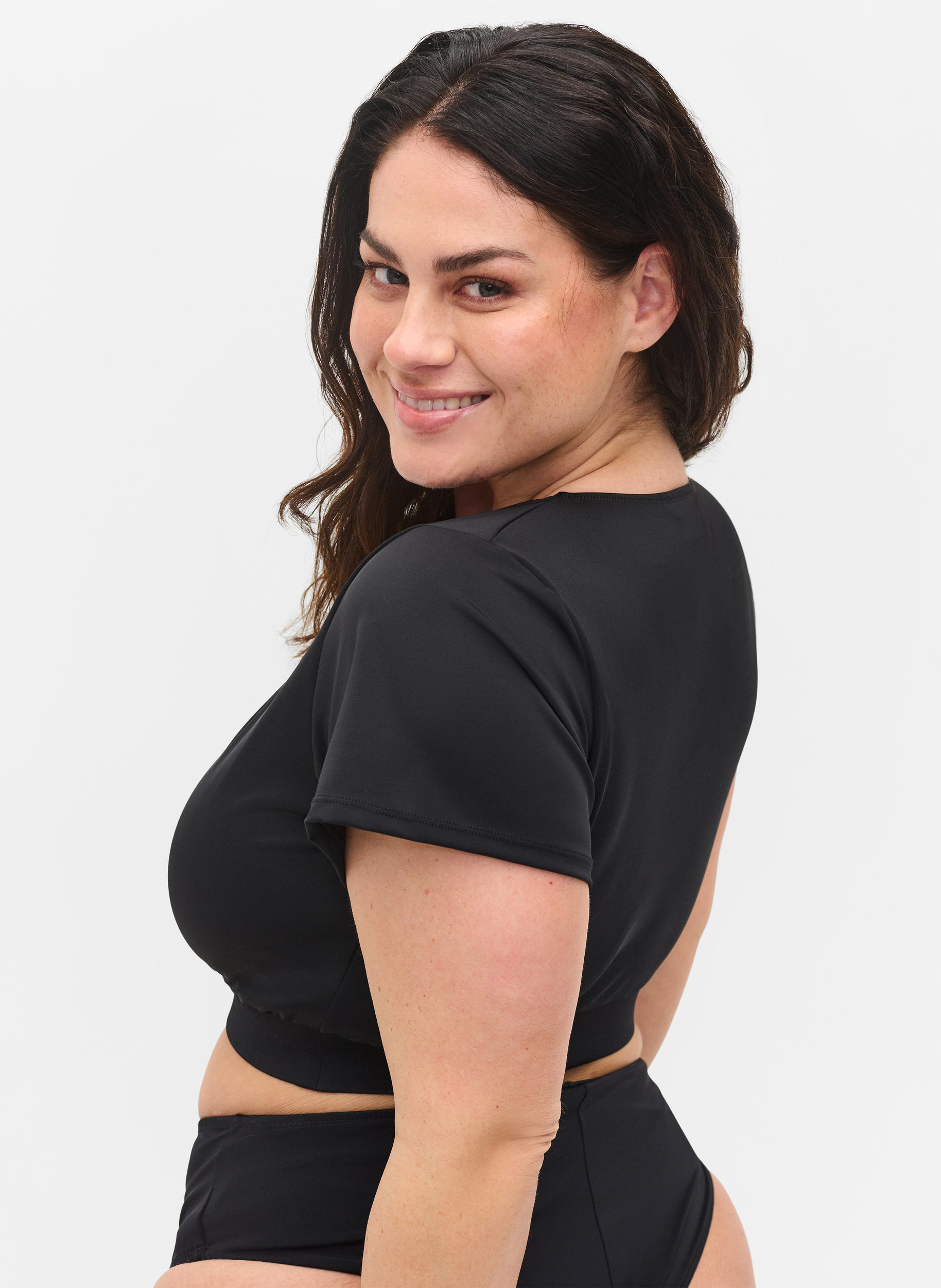 Kortärmad badtopp med v-ringning, Black, Model