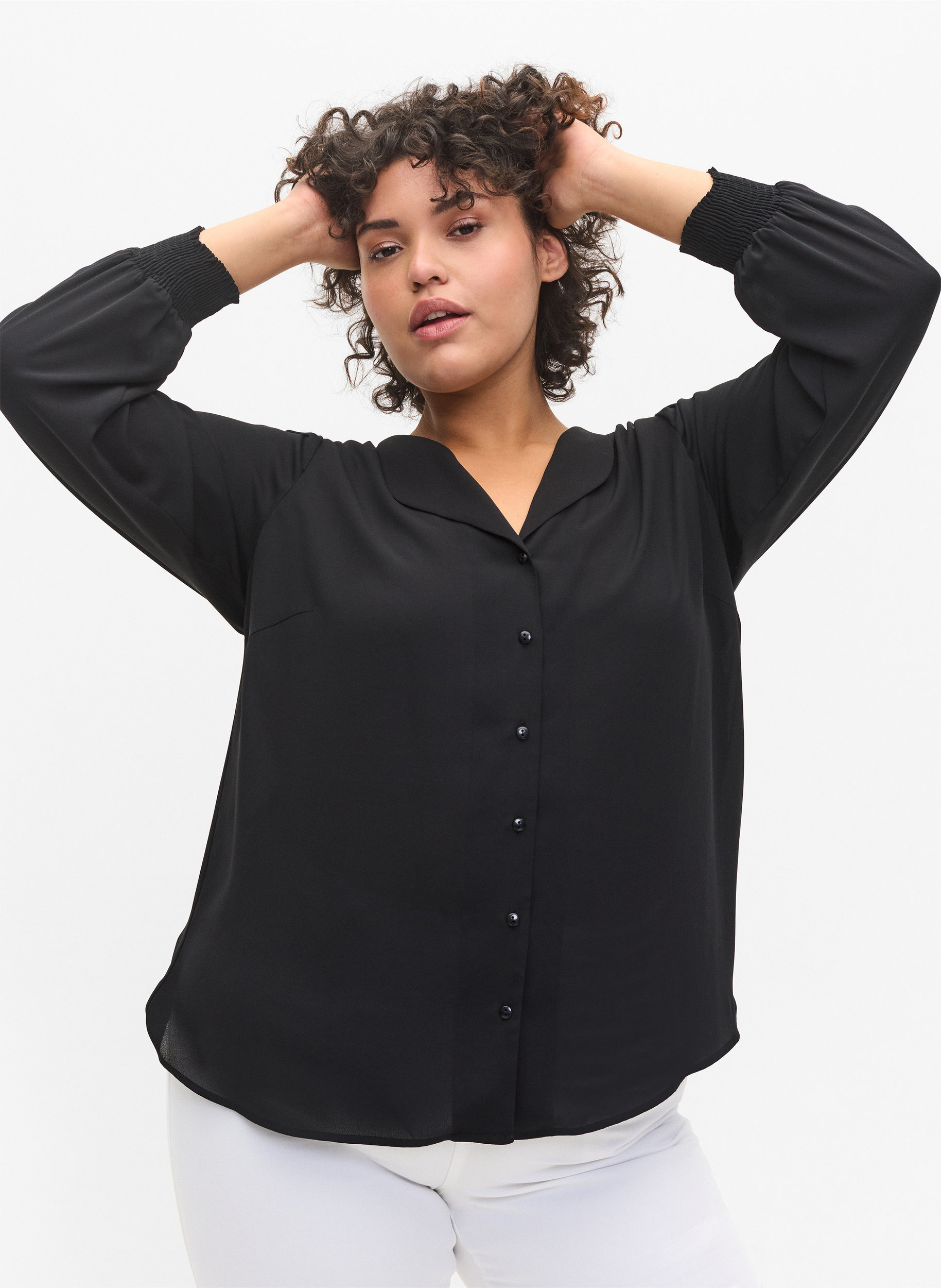 Skjorta med v-ringning och smock, Black, Model image number 2