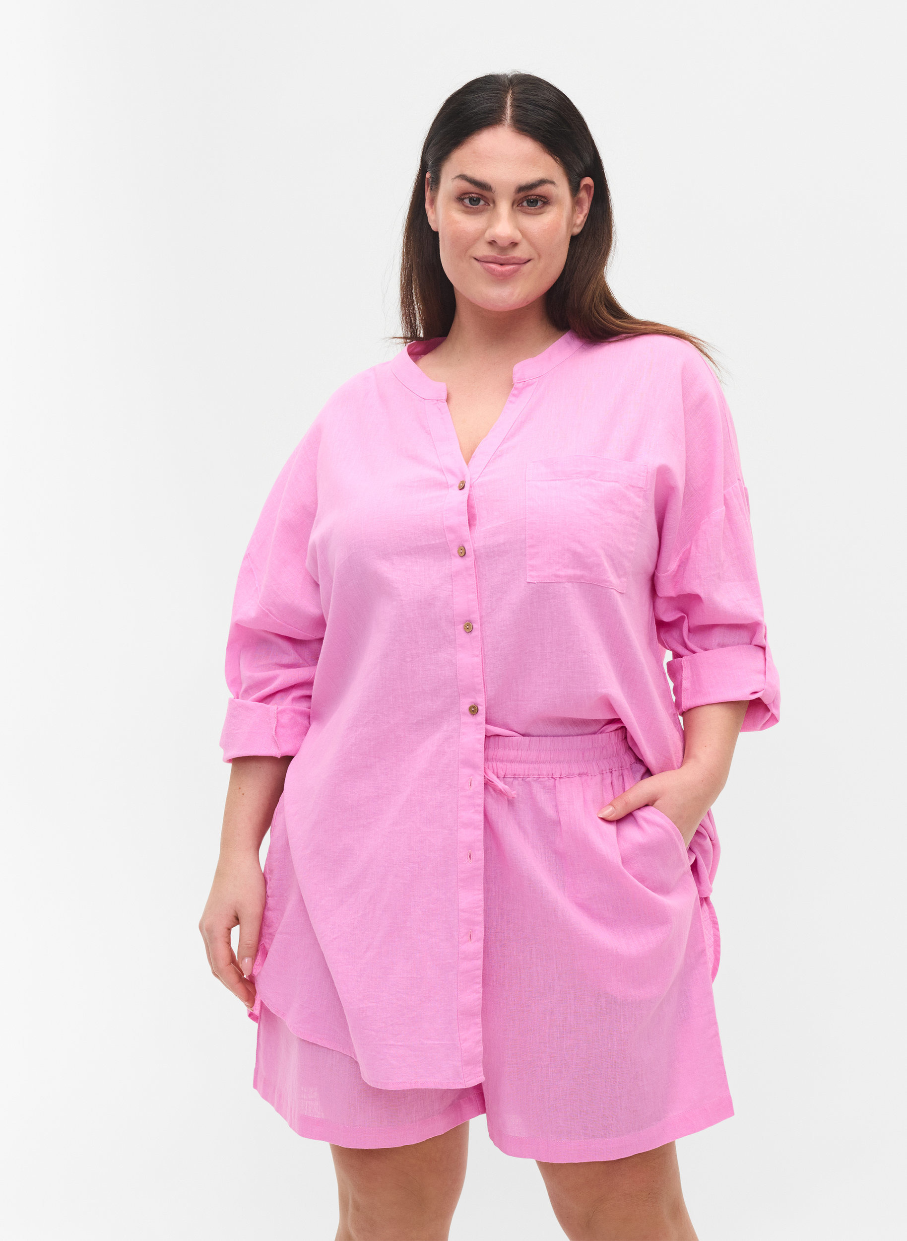 Blus med 3/4-ärmar och knäppning, Begonia Pink, Model