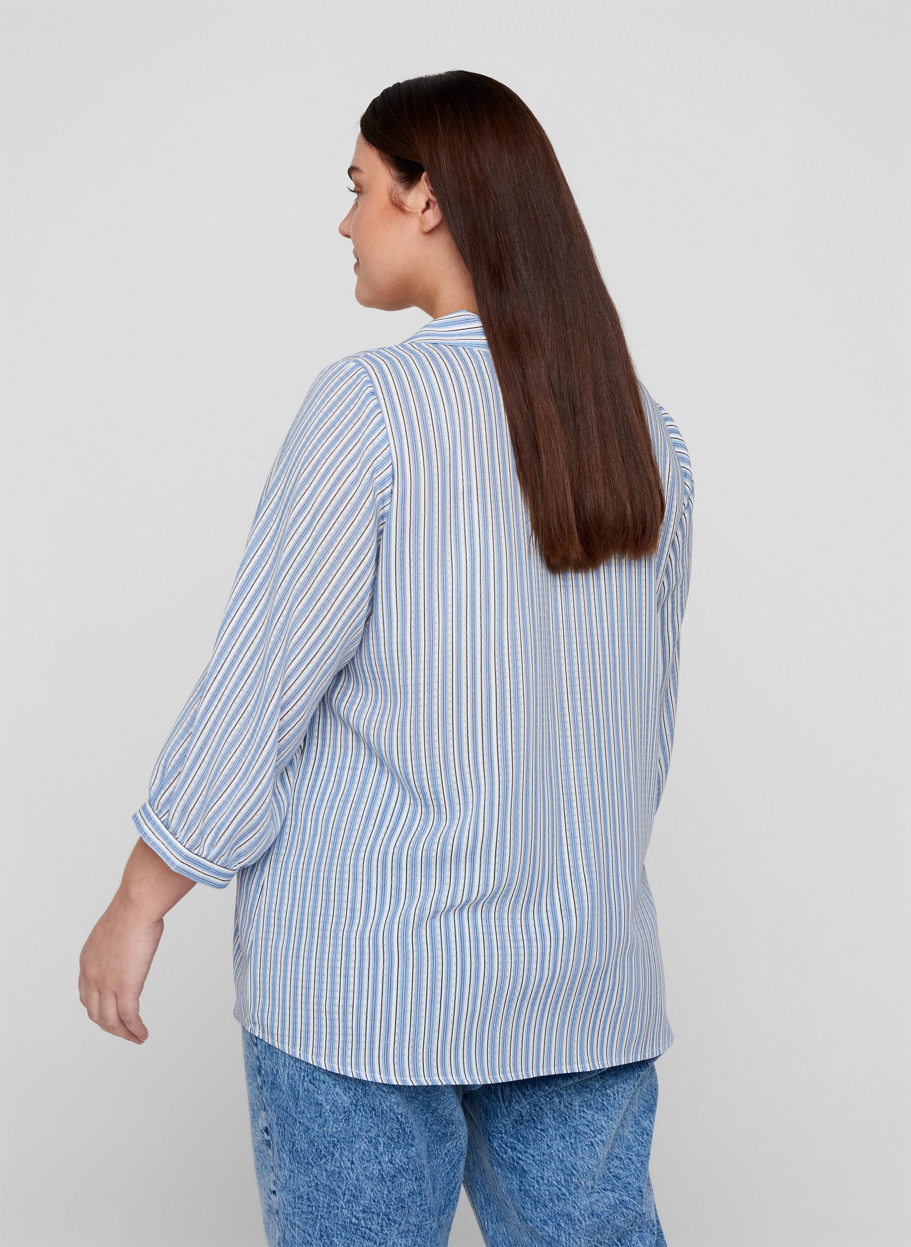 Randig skjortblus med stor krage, Light Blue Stripe, Model image number 1