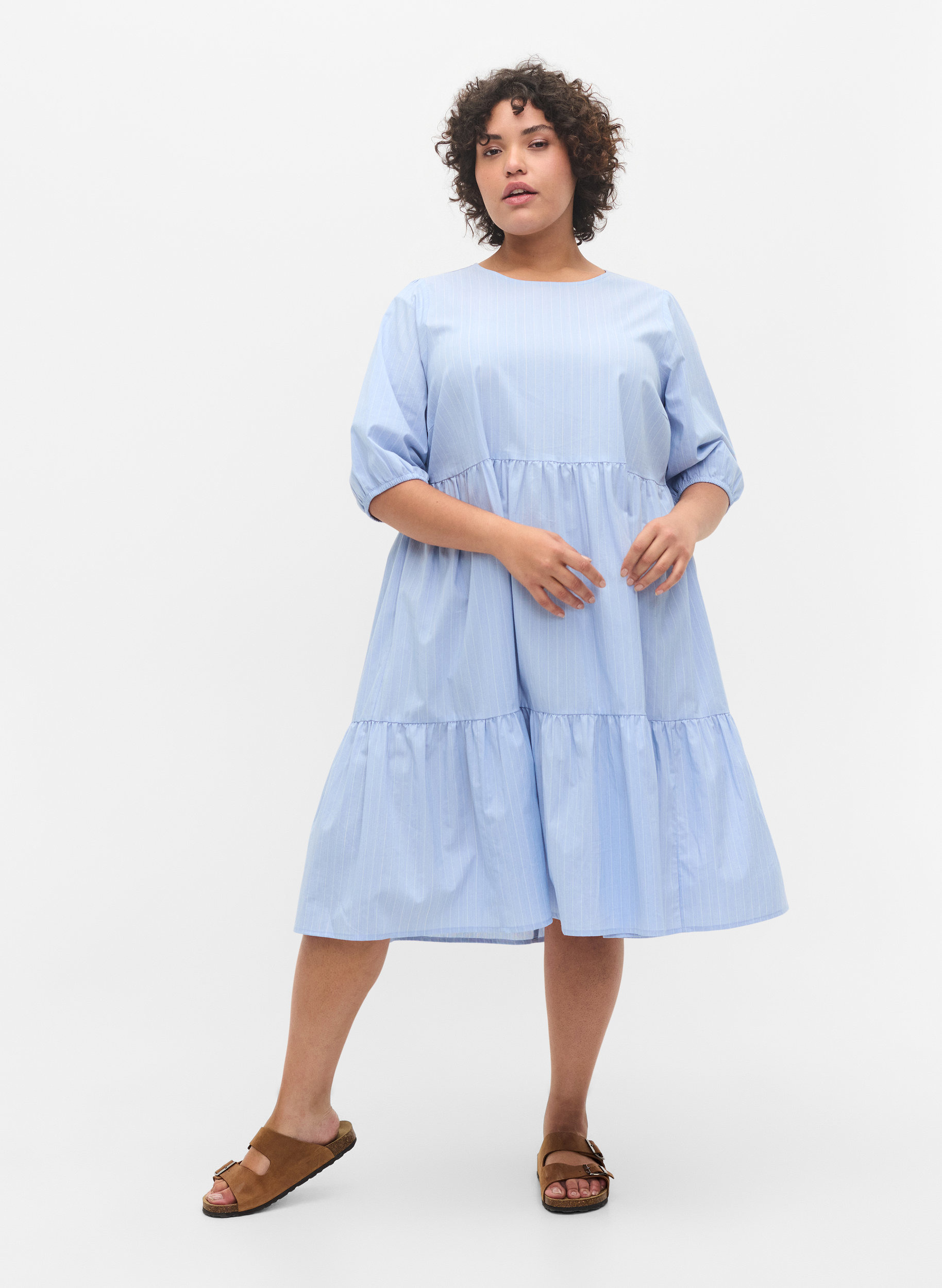 Randig klänning med korta puffärmar, Blue As Sample, Model image number 2