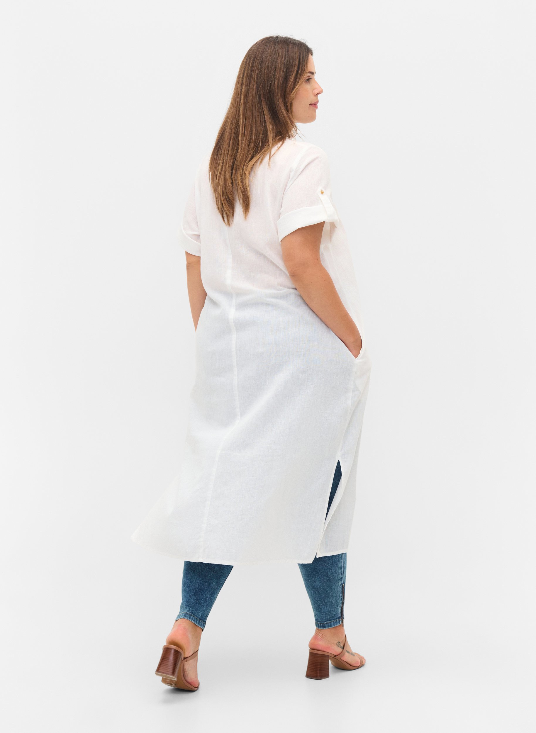 Lång skjortklänning med korta ärmar, White, Model image number 1