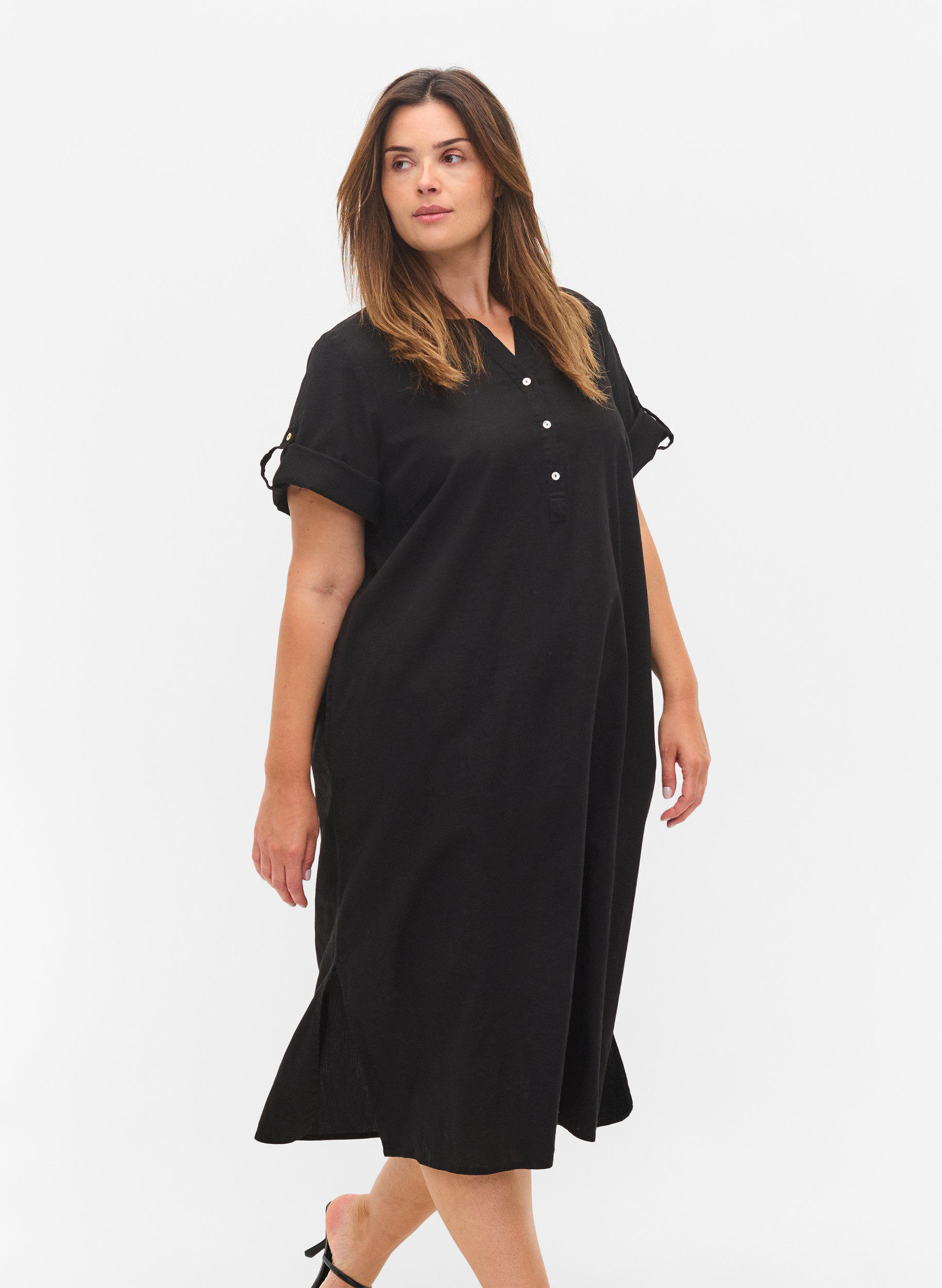 Lång skjortklänning med korta ärmar, Black, Model