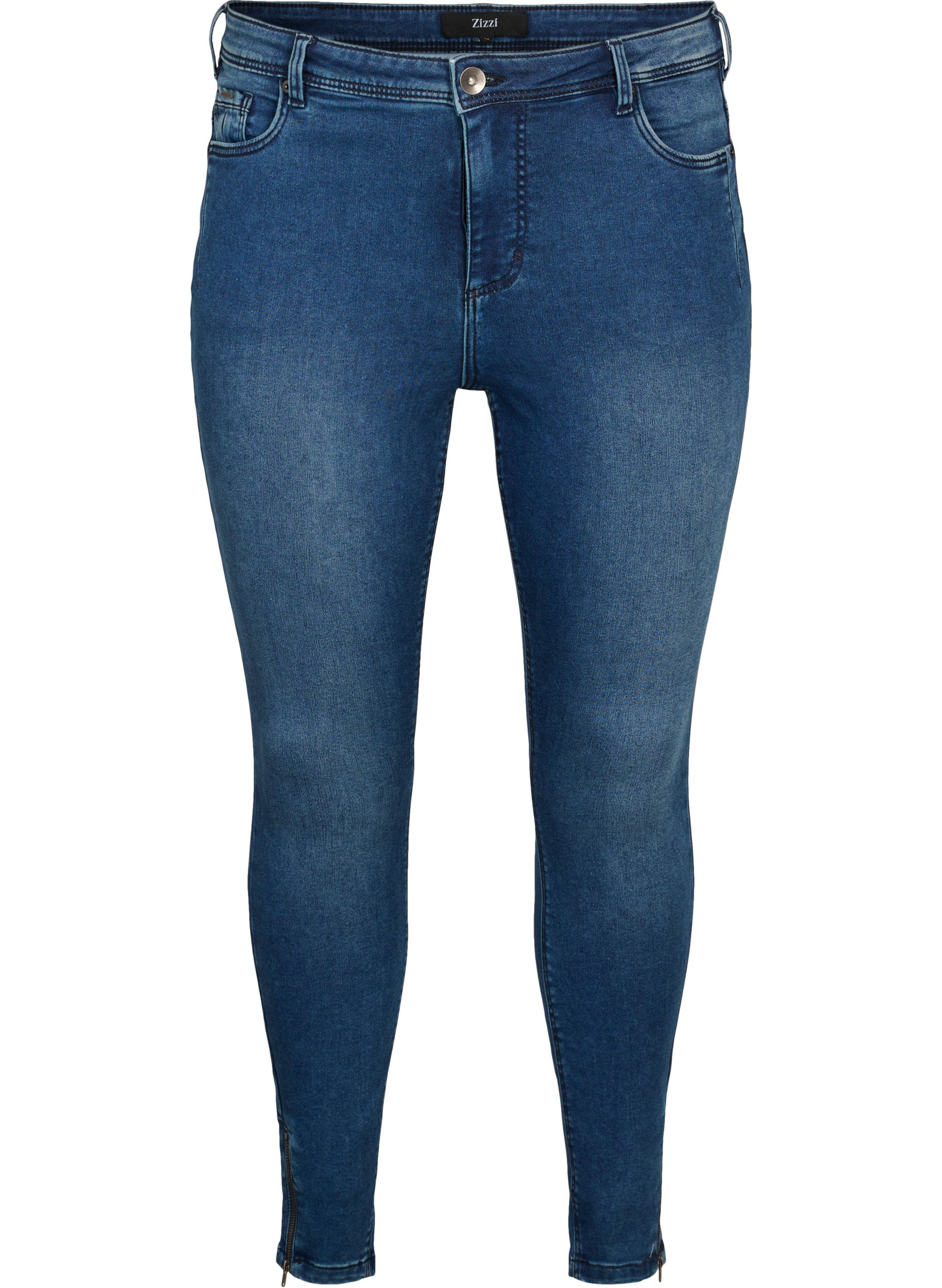 Cropped Amy jeans med blixtlås, Dark blue denim