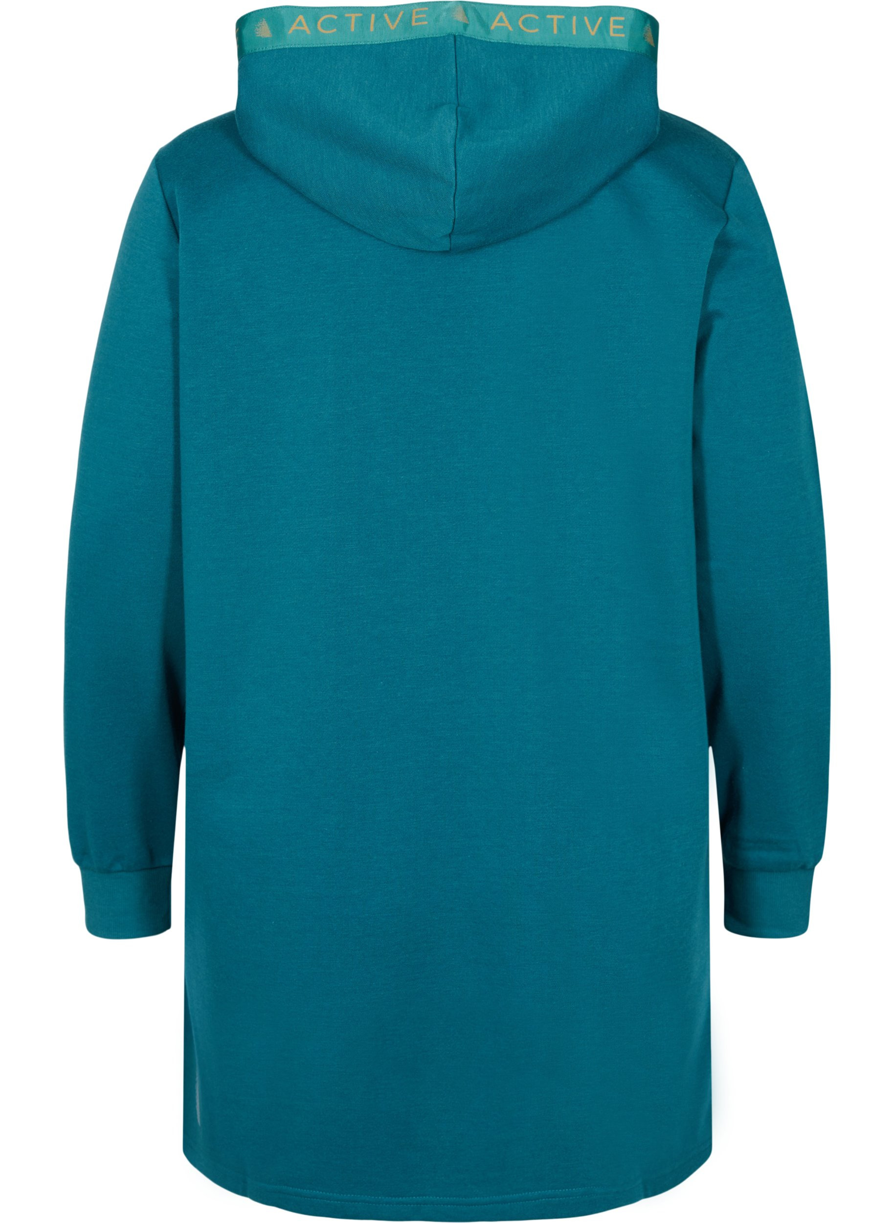Lång sweatshirt med huva och sportiga detaljer, Deep Teal, Packshot image number 1