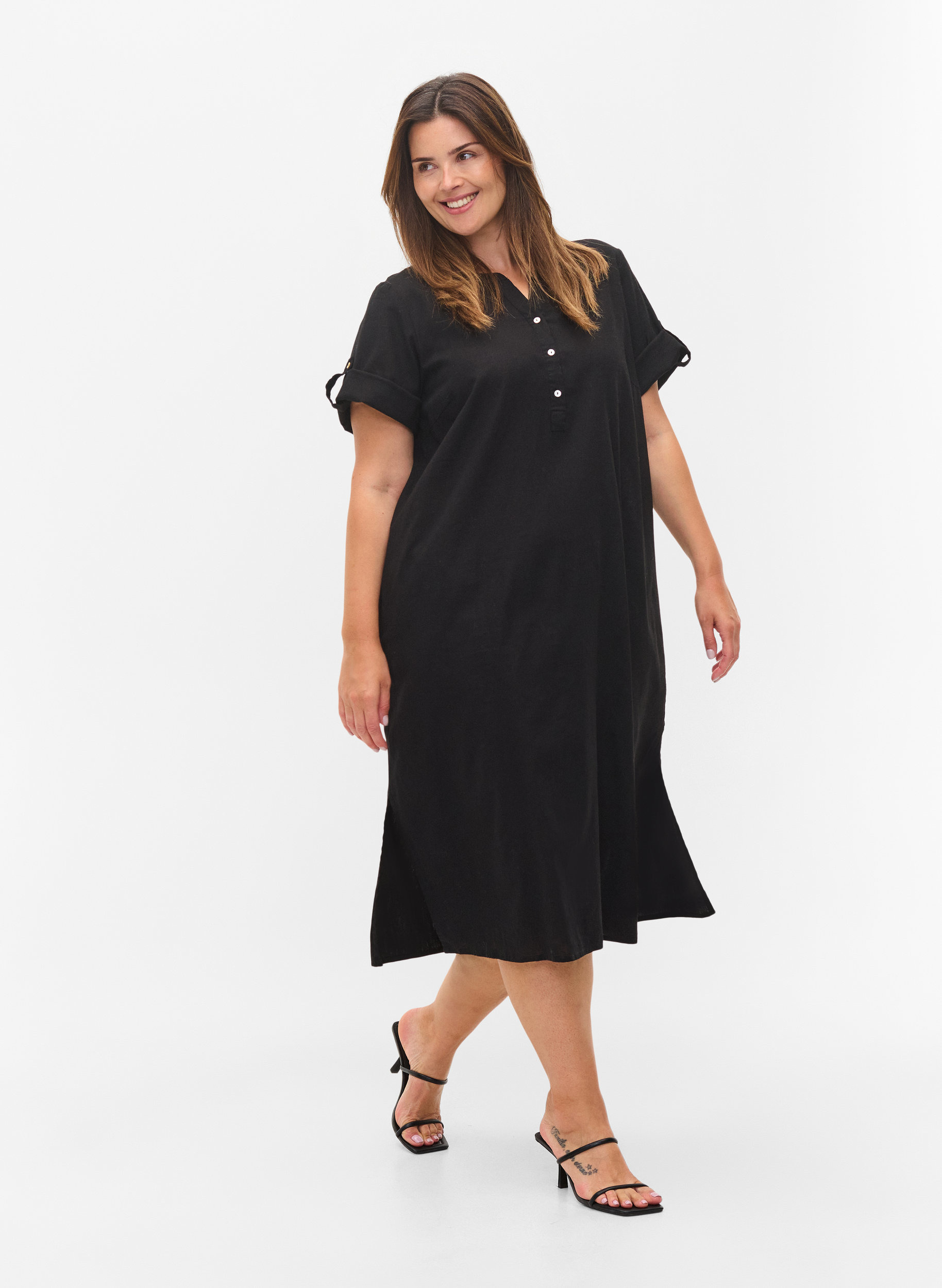 Lång skjortklänning med korta ärmar, Black, Model image number 2