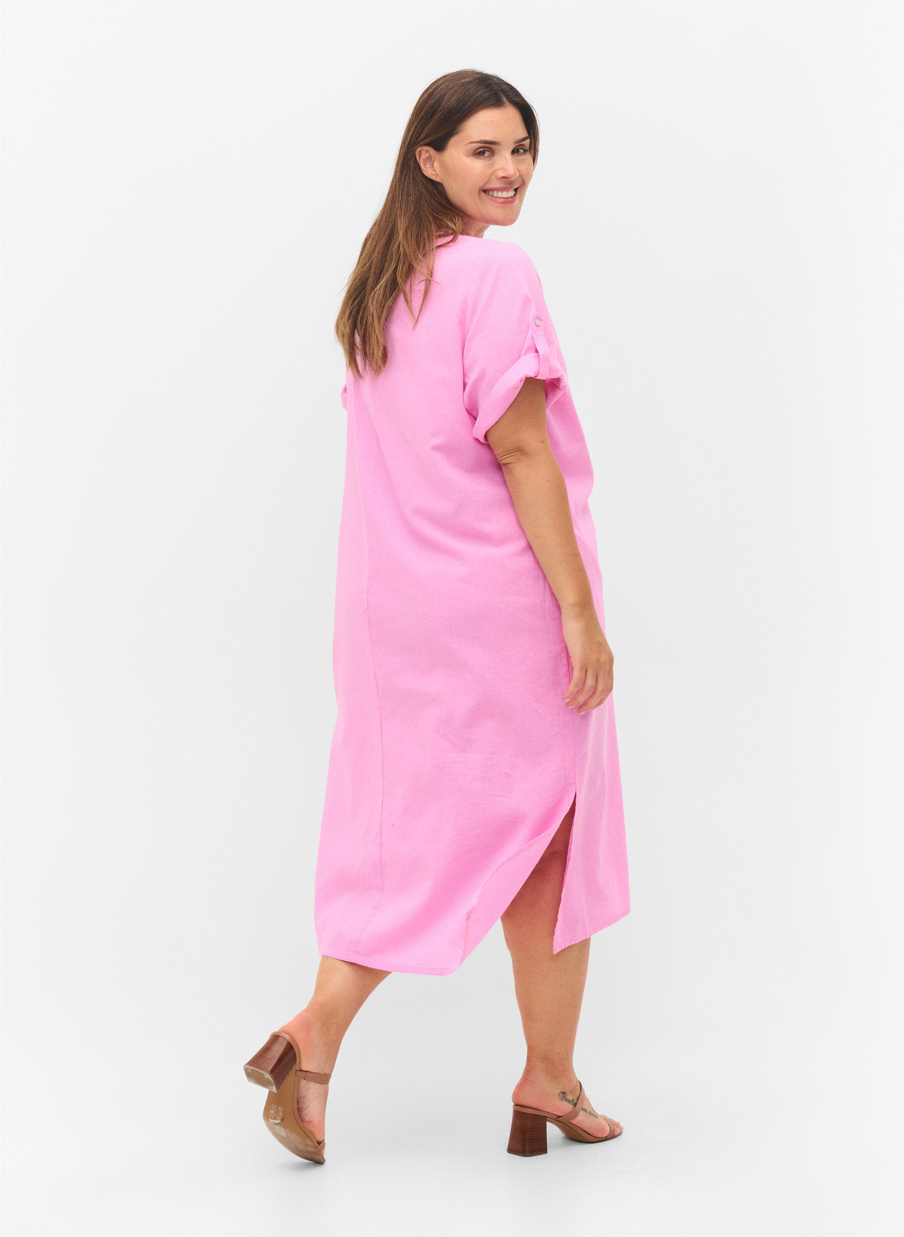 Lång skjortklänning med korta ärmar, Begonia Pink, Model