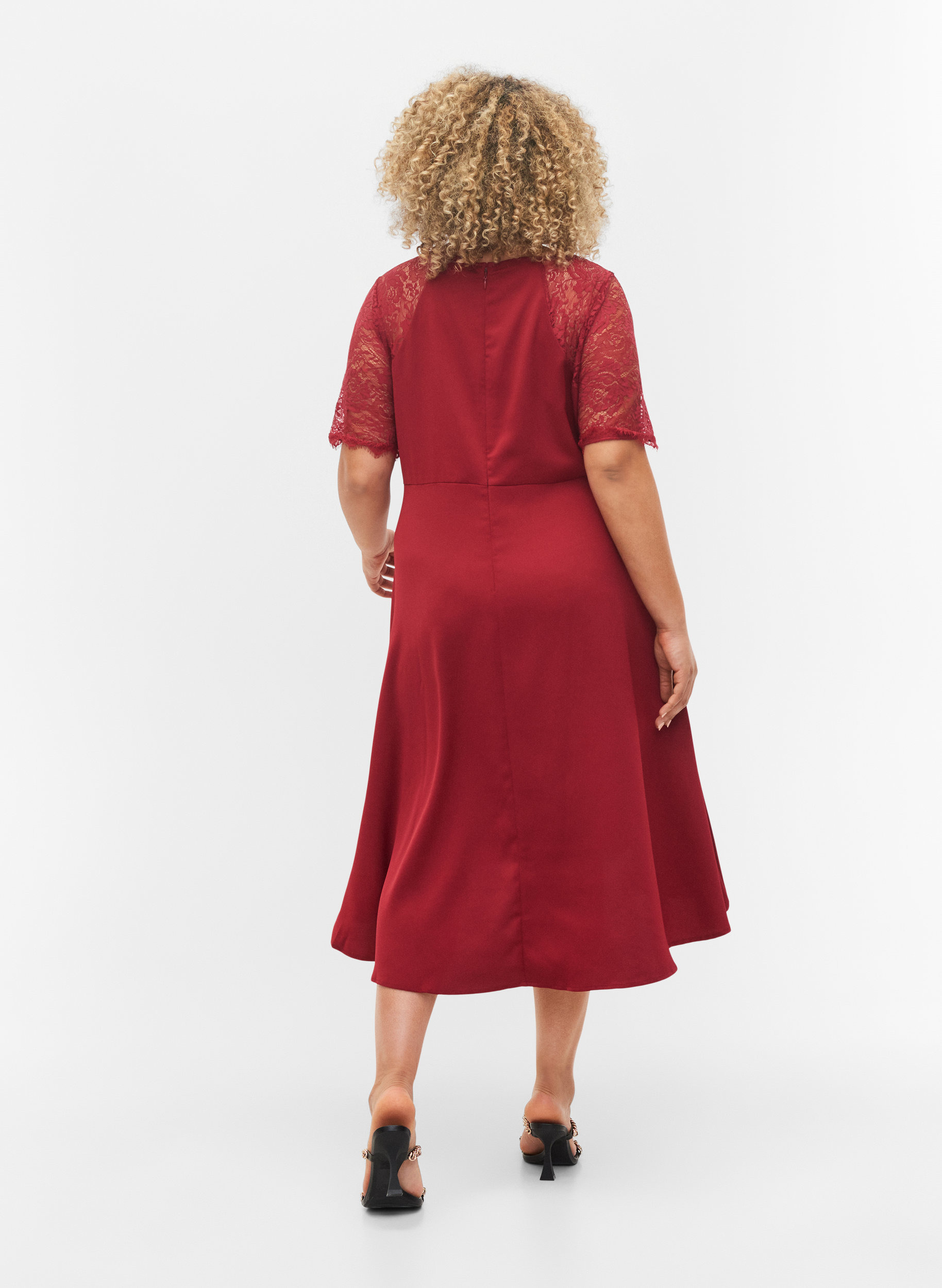 Midiklänning med korta spetsärmar, Rhubarb, Model image number 1