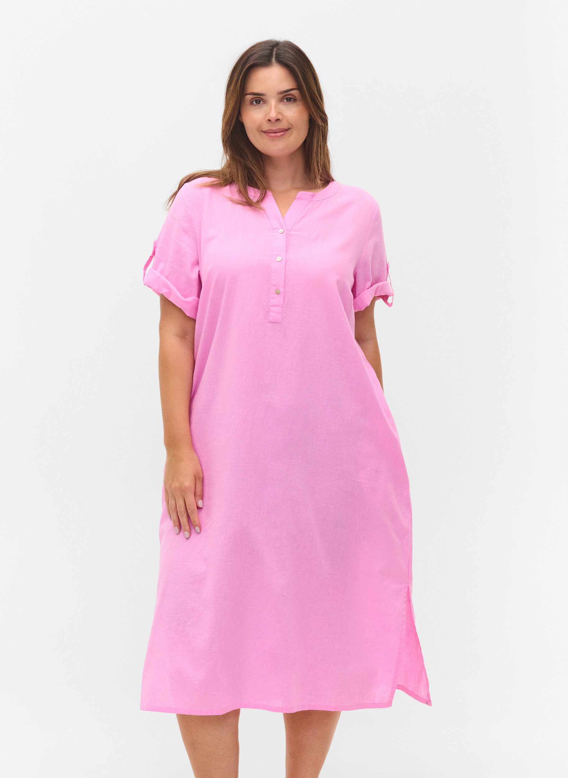 Lång skjortklänning med korta ärmar, Begonia Pink, Model
