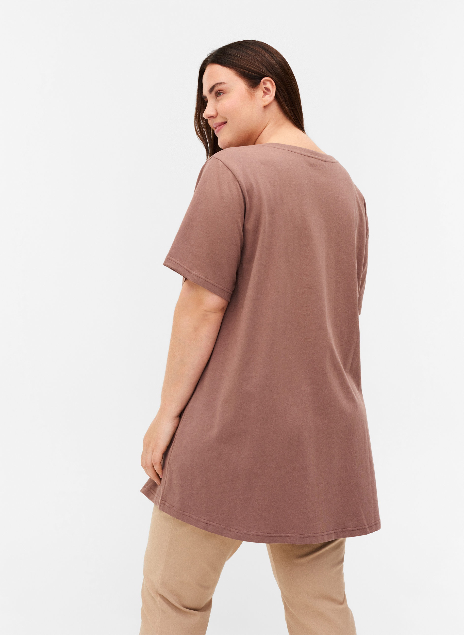 Lång t-shirt i bomull, Deep Taupe, Model image number 1