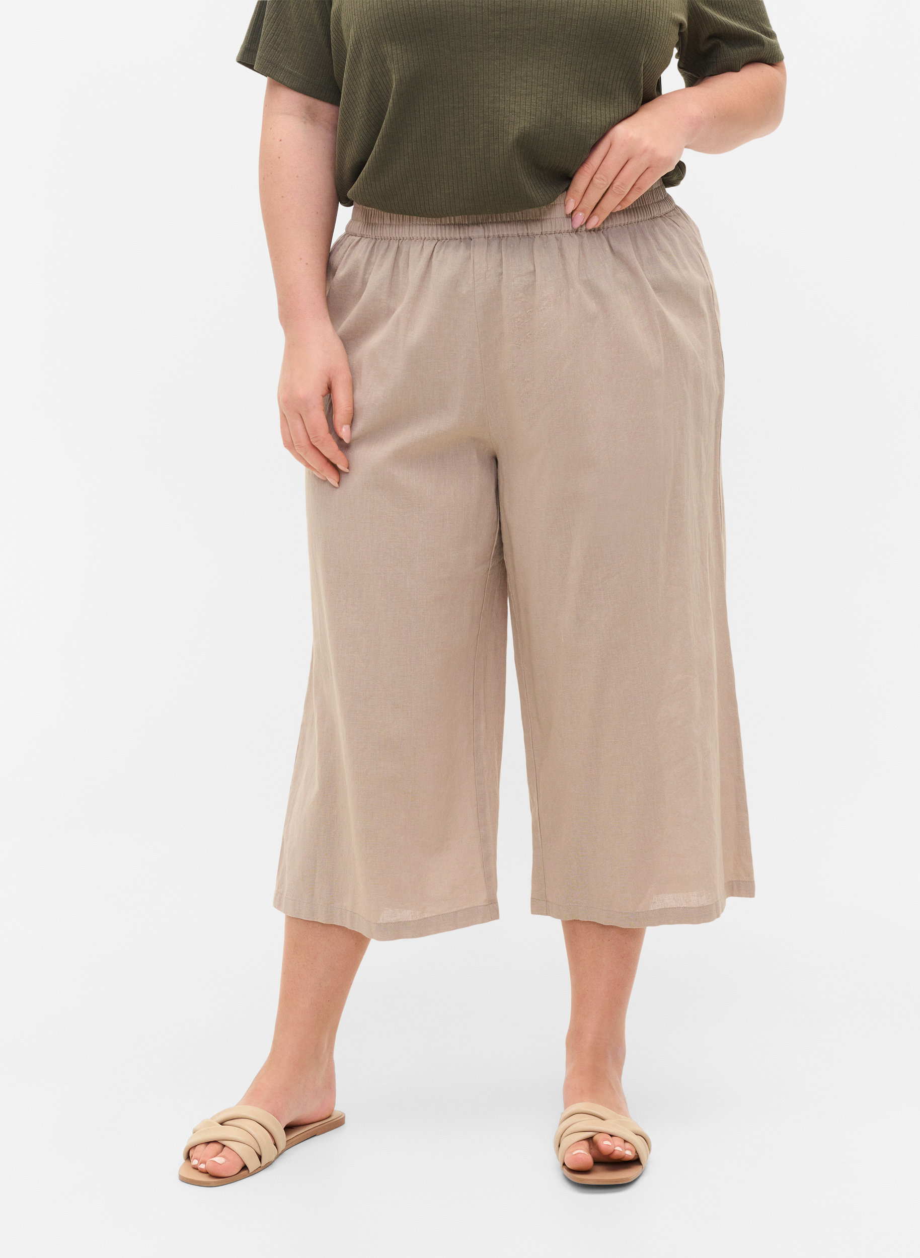 7/8-byxor i bomullsblandning med linne, Simply Taupe, Model