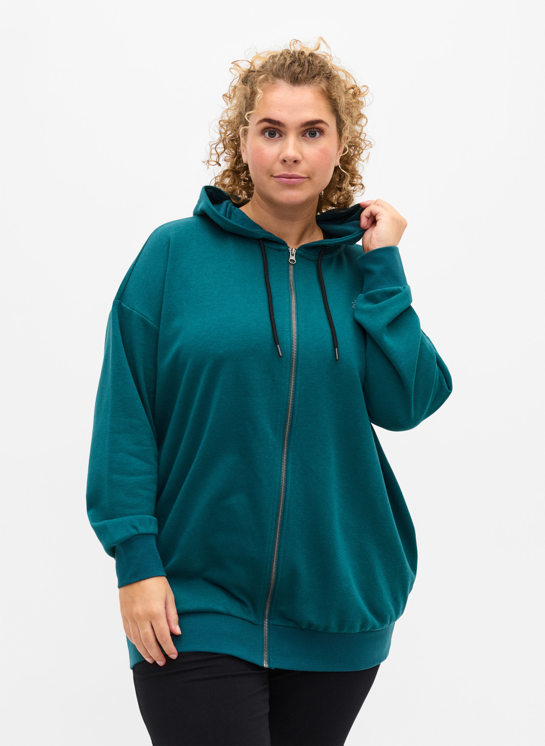 Långärmad tröja med huva och mönster, Deep Teal, Model