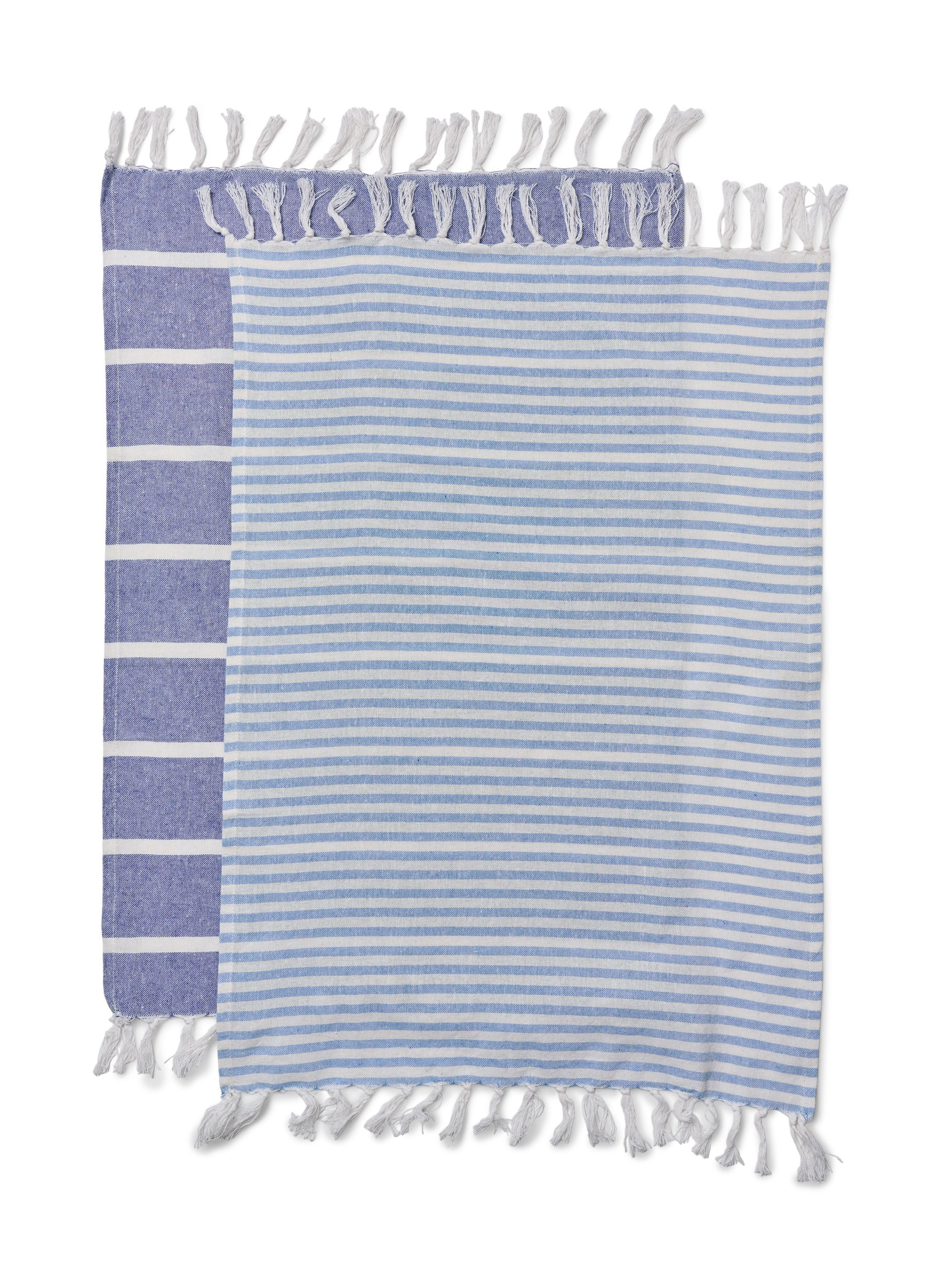 2-pack randiga handdukar med fransar, 2-Pack Blue, Packshot image number 1