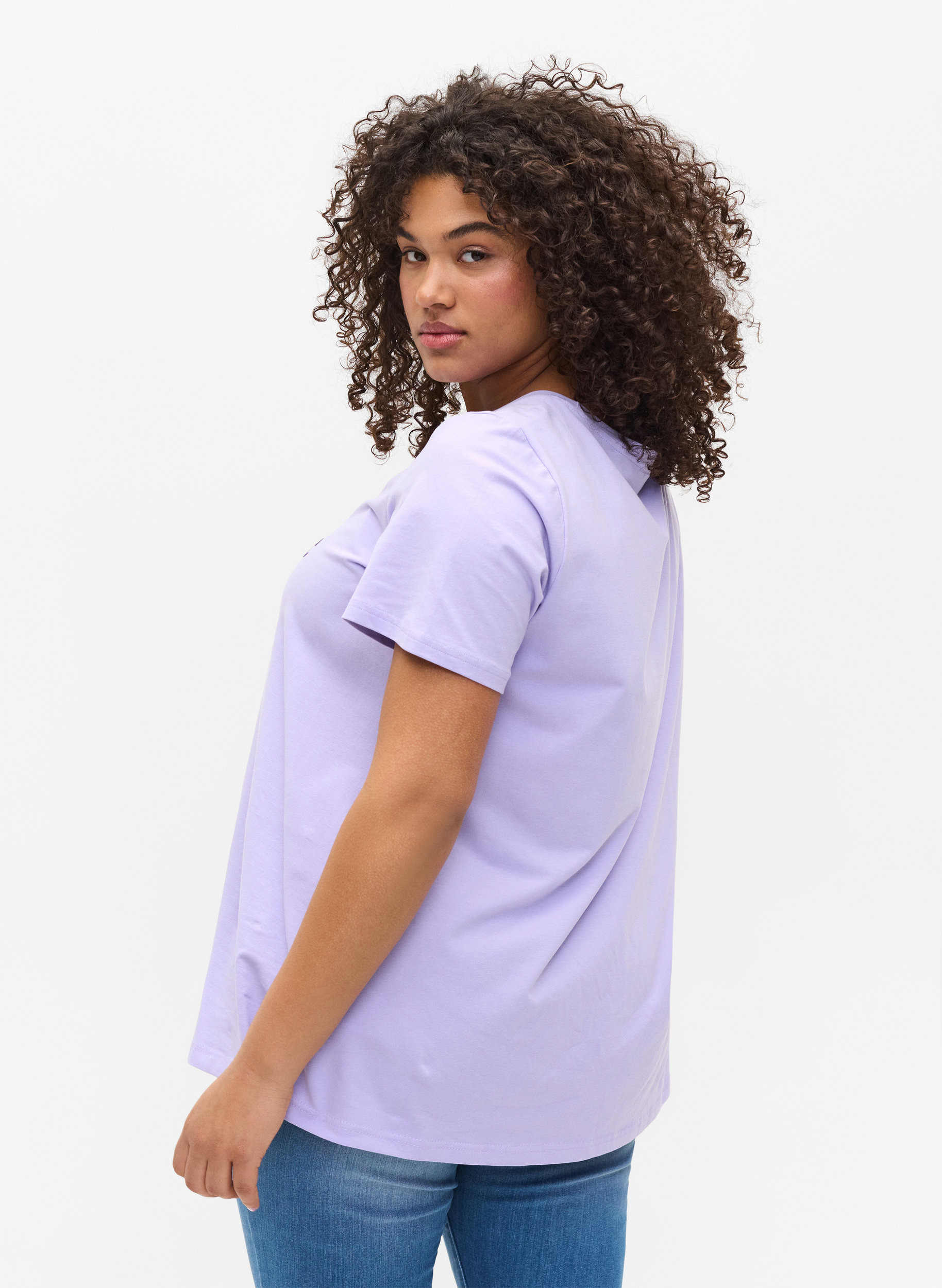 Kortärmad bomulls t-shirt med tryck, Lavender LAMOUR, Model