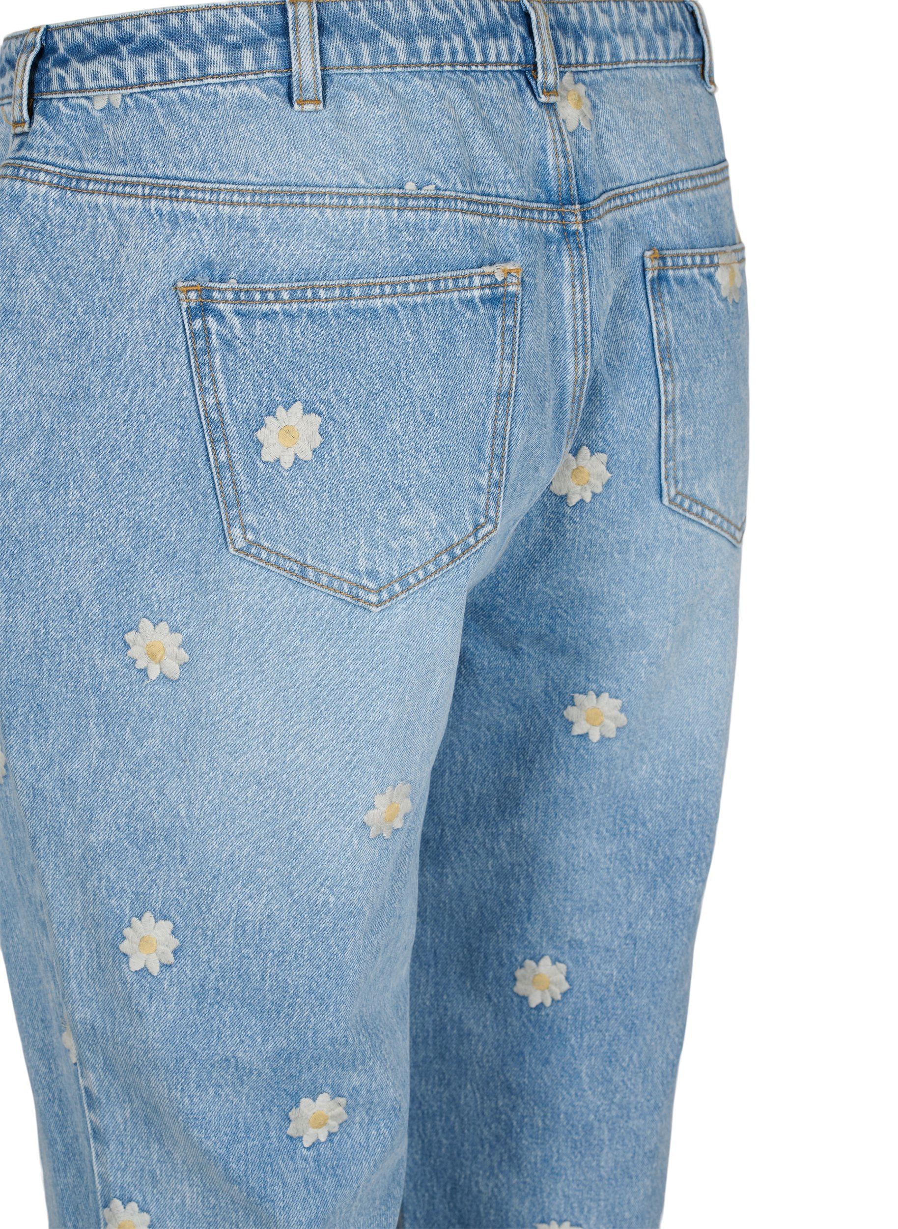 Mille mom fit jeans med broderade blommor, Light Blue w. Flower, Packshot image number 3