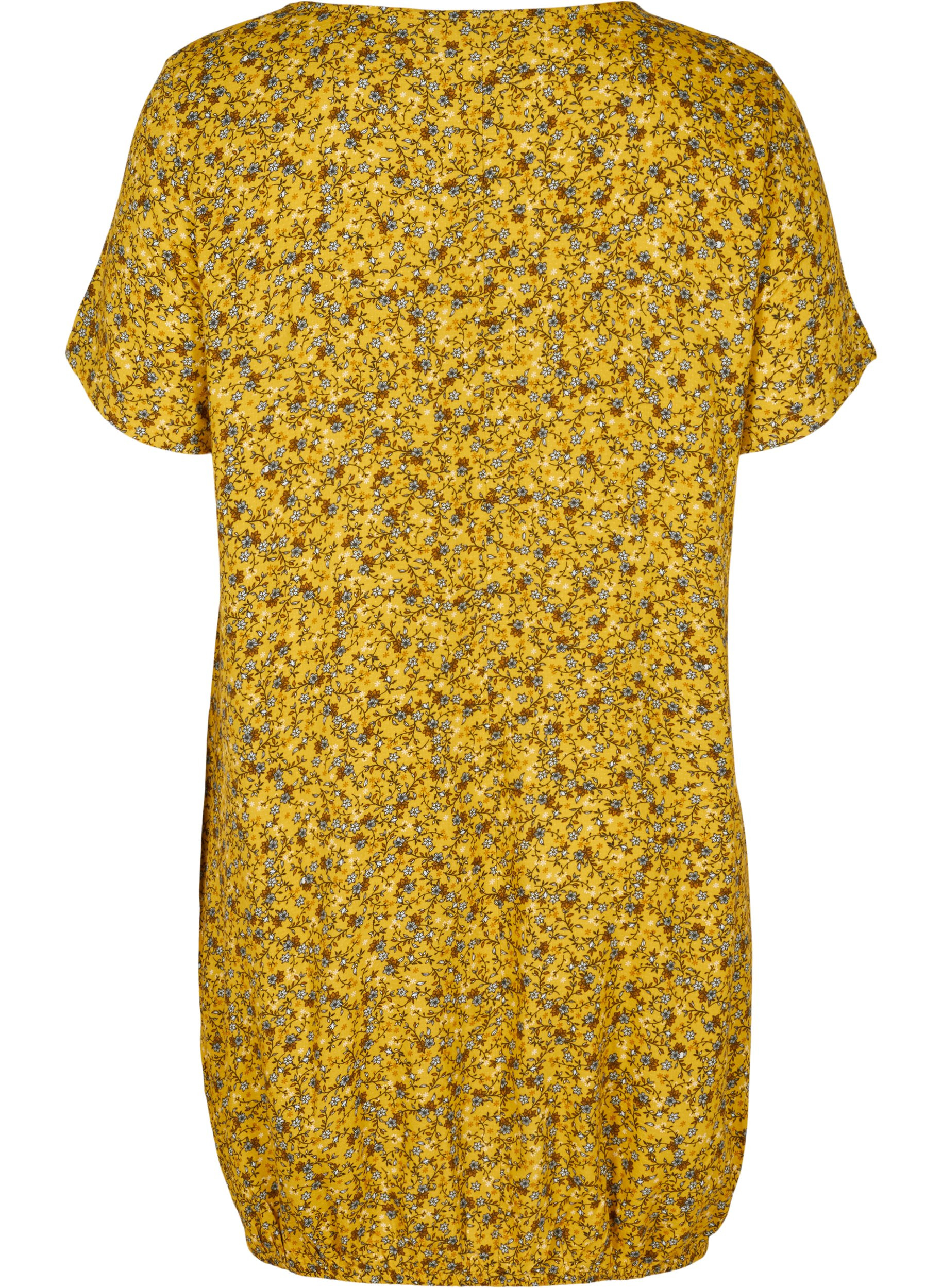 Kortärmad viskosklänning med mönster, Yellow Ditsy Flower, Packshot image number 1