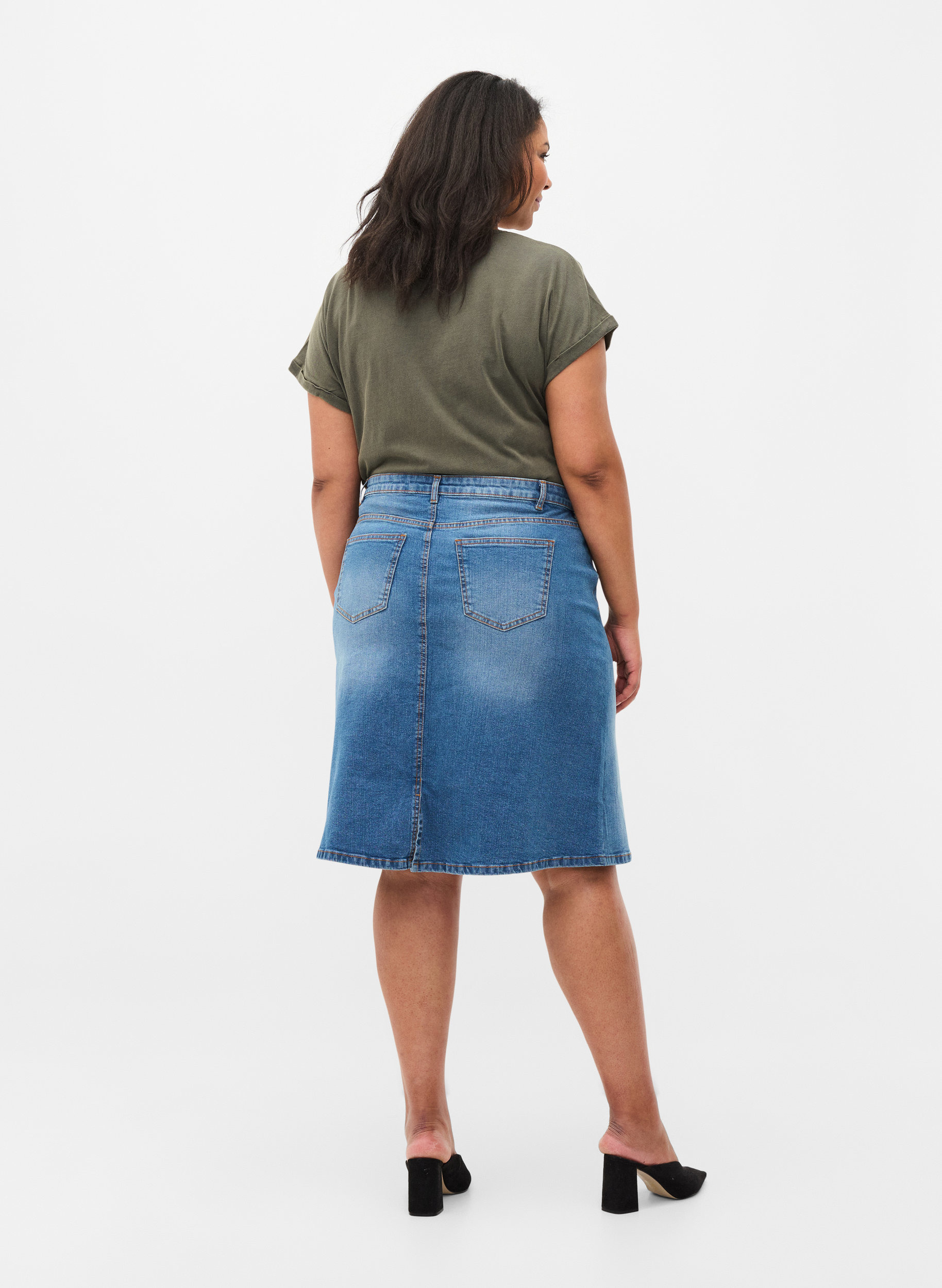 Denim midikjol i bomull , Blue denim, Model