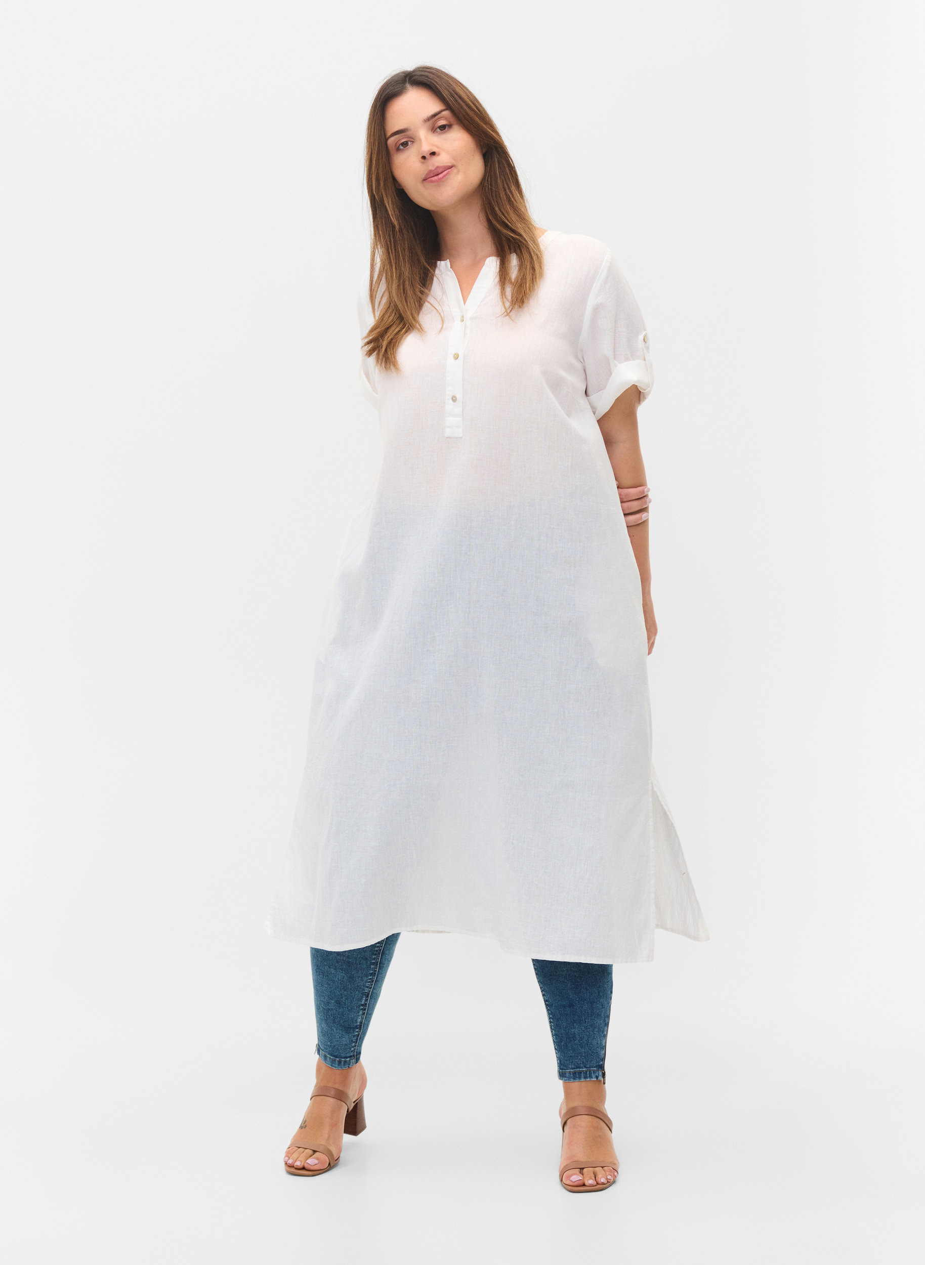 Lång skjortklänning med korta ärmar, White, Model image number 2