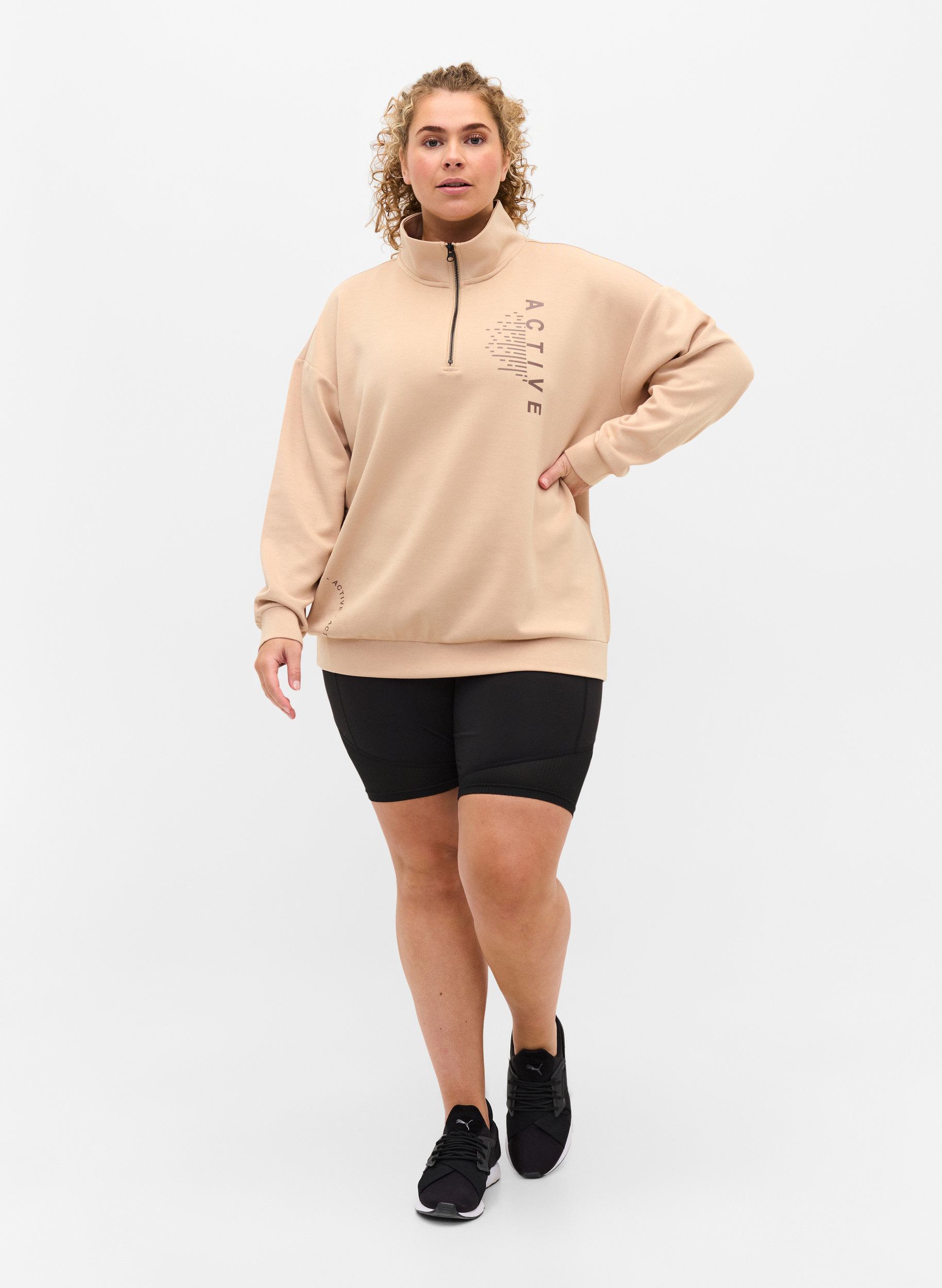 Höghalsad sweatshirt med dragkedja, Oatmeal, Model image number 3