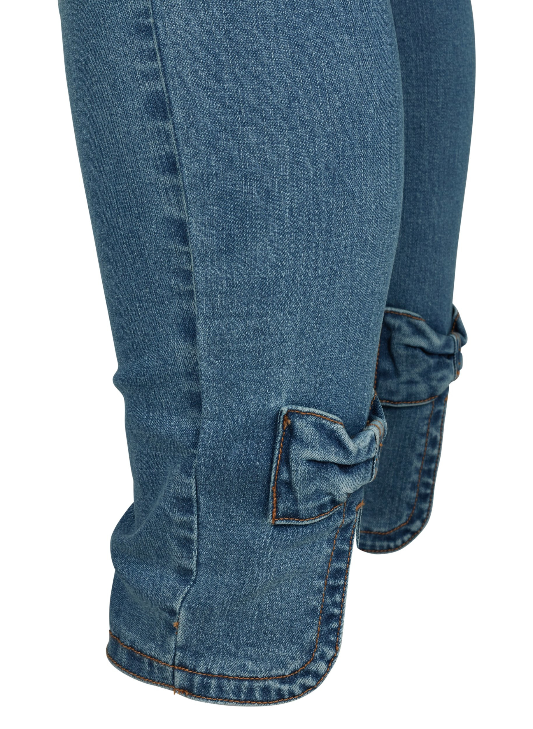 Croppade Amy jeans med hög midja och rosett, Blue denim, Packshot image number 3