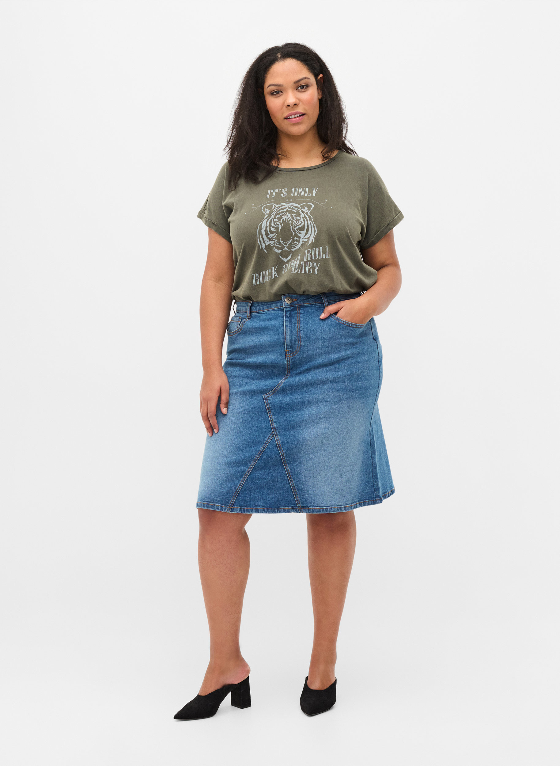 Denim midikjol i bomull , Blue denim, Model