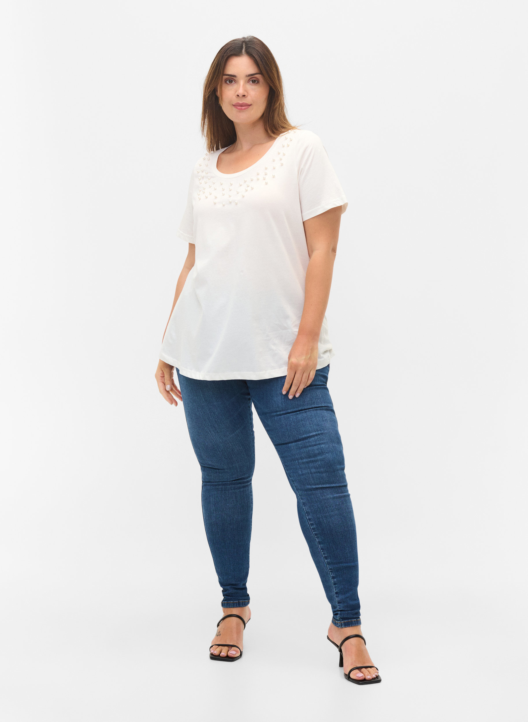 Bomulls-t-shirt med pärlor, Warm Off-white, Model image number 2