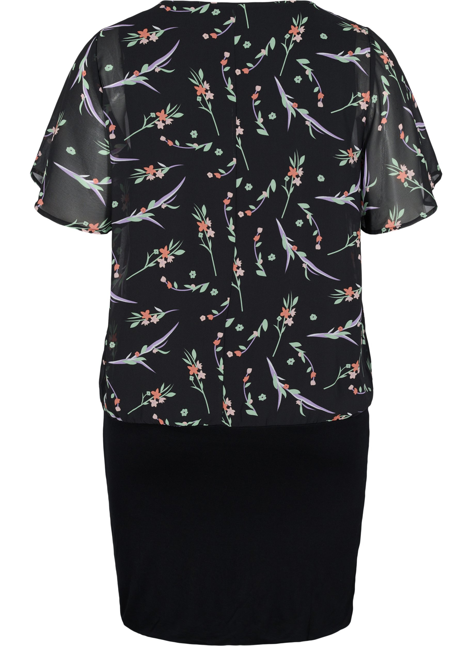 Kortärmad klänning med en blommig överdel, Black AOP, Packshot image number 1