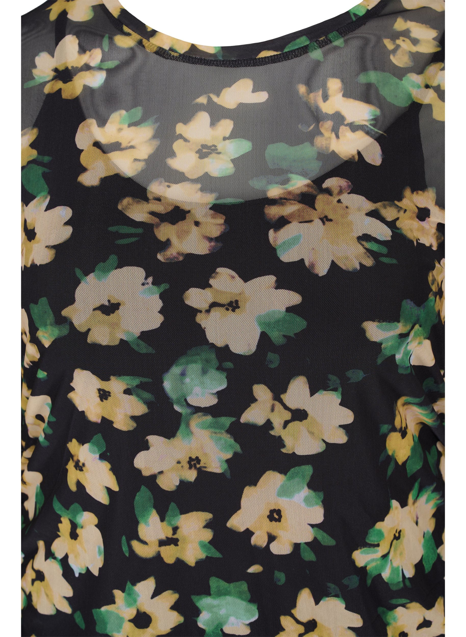 Åtsittande mesh-klänning med 3/4 ärmar, Yellow Green AOP, Packshot image number 2