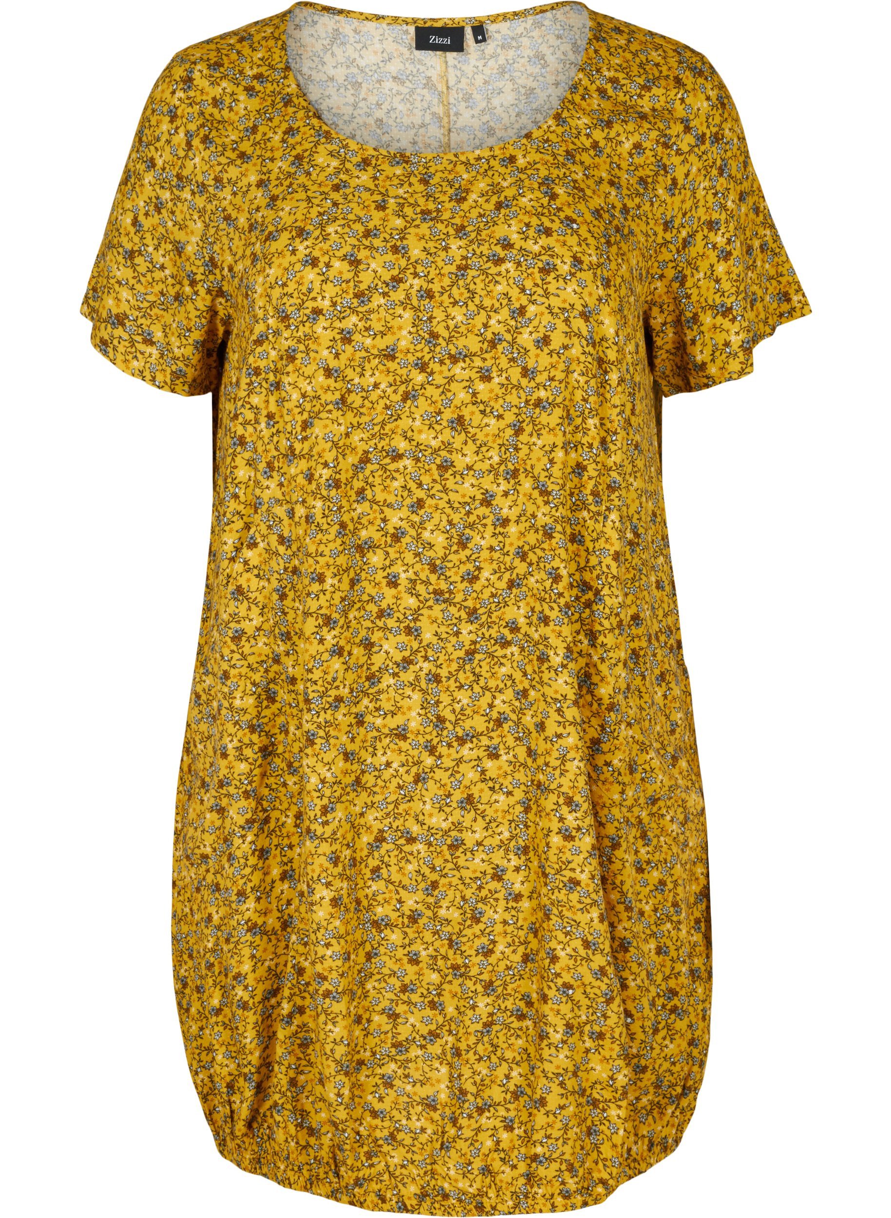 Kortärmad viskosklänning med mönster, Yellow Ditsy Flower, Packshot image number 0