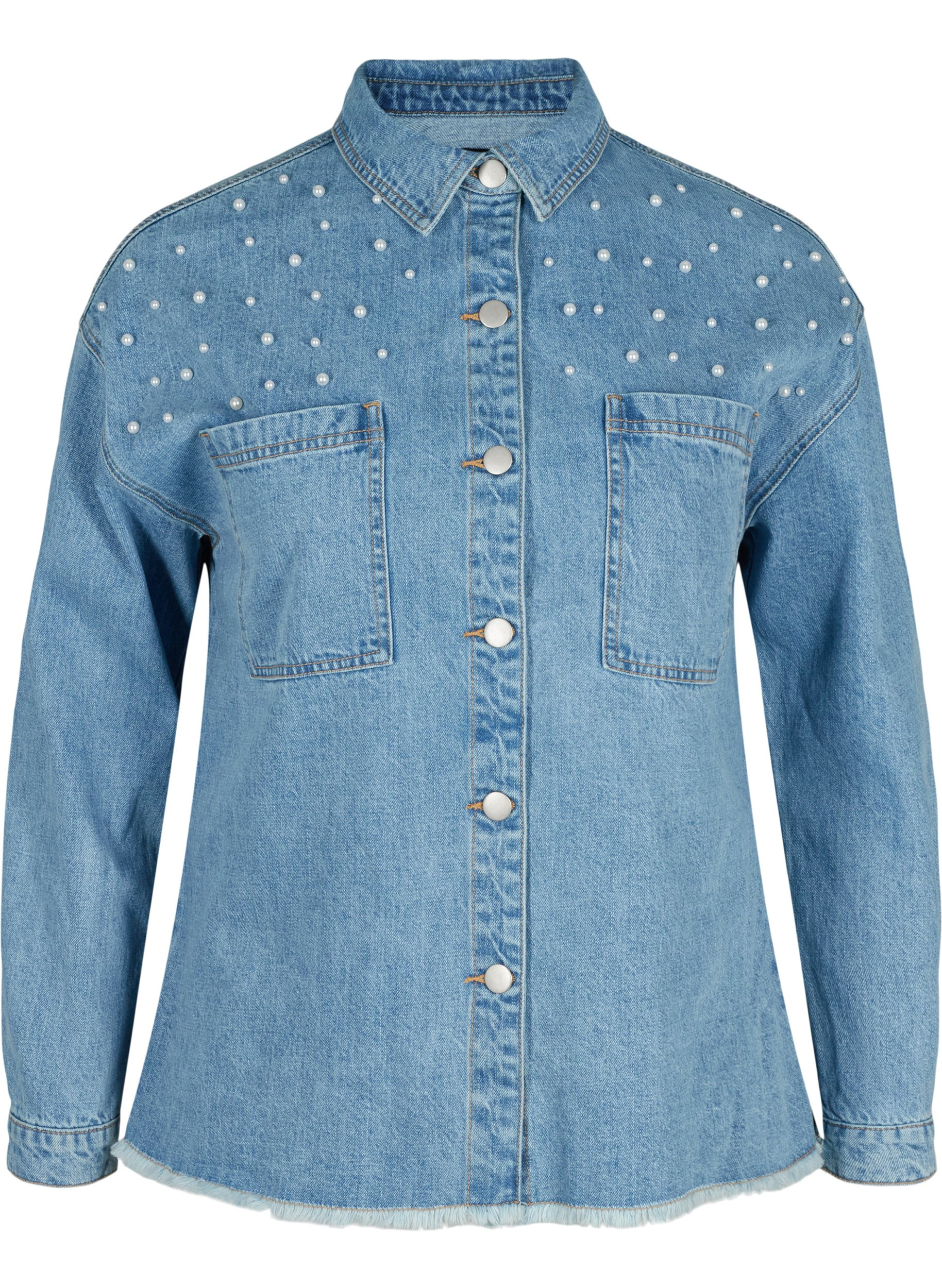 Jeansjacka med pärlor, Light blue denim, Packshot image number 0