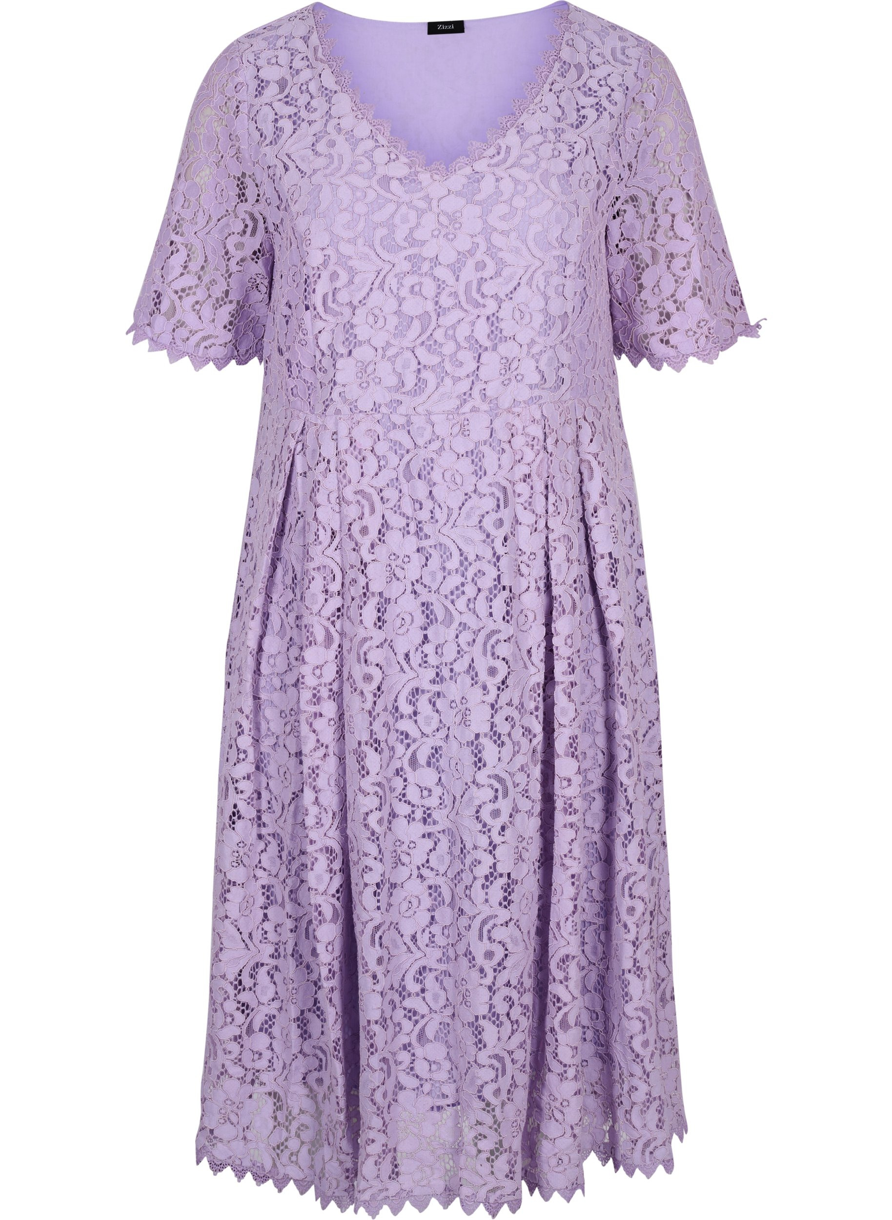Kortärmad spetsklänning med v-ringning, Lavendula, Packshot image number 0