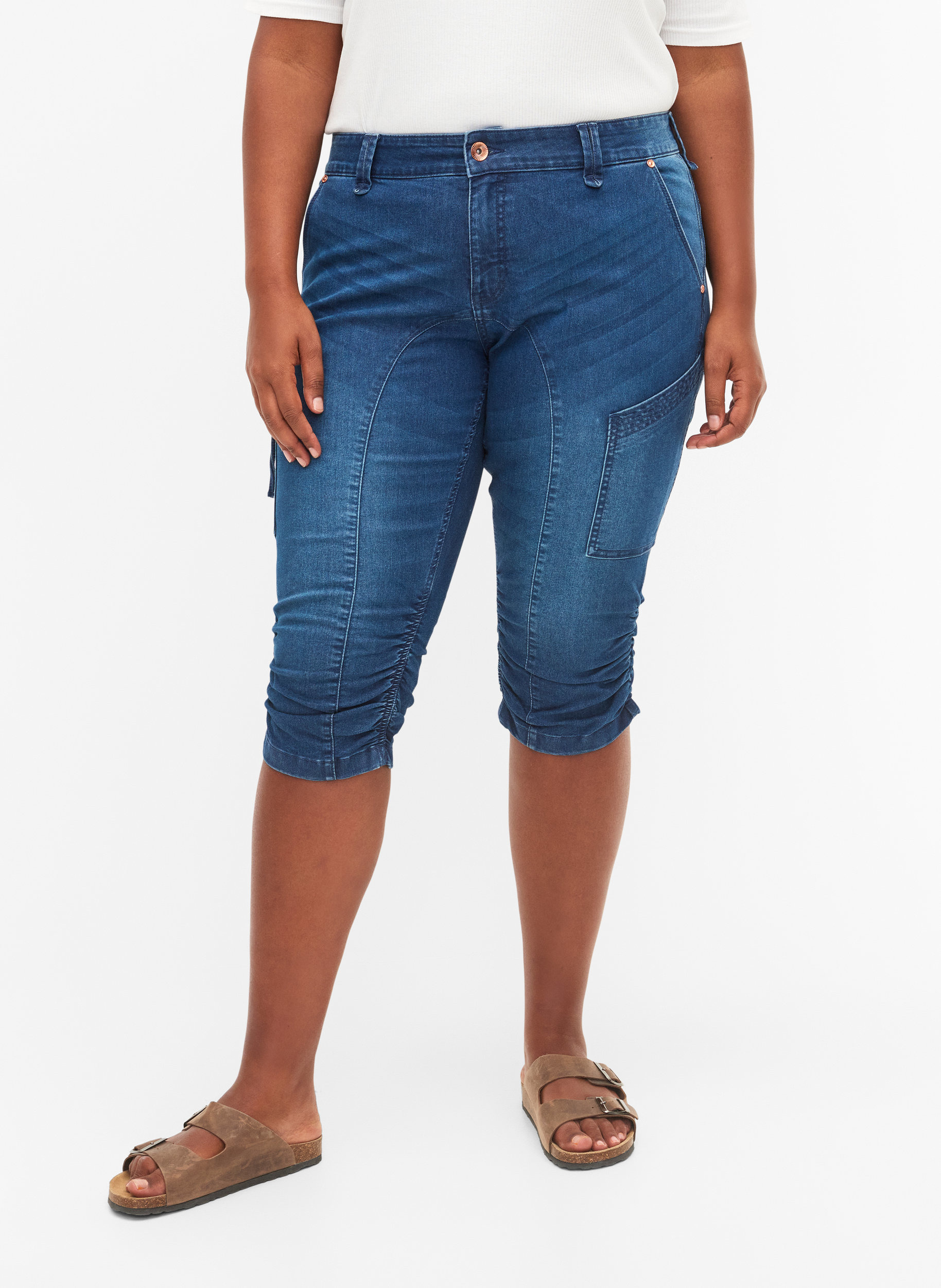 Slim fit capri-jeans med fickor, Dark blue denim, Model image number 3