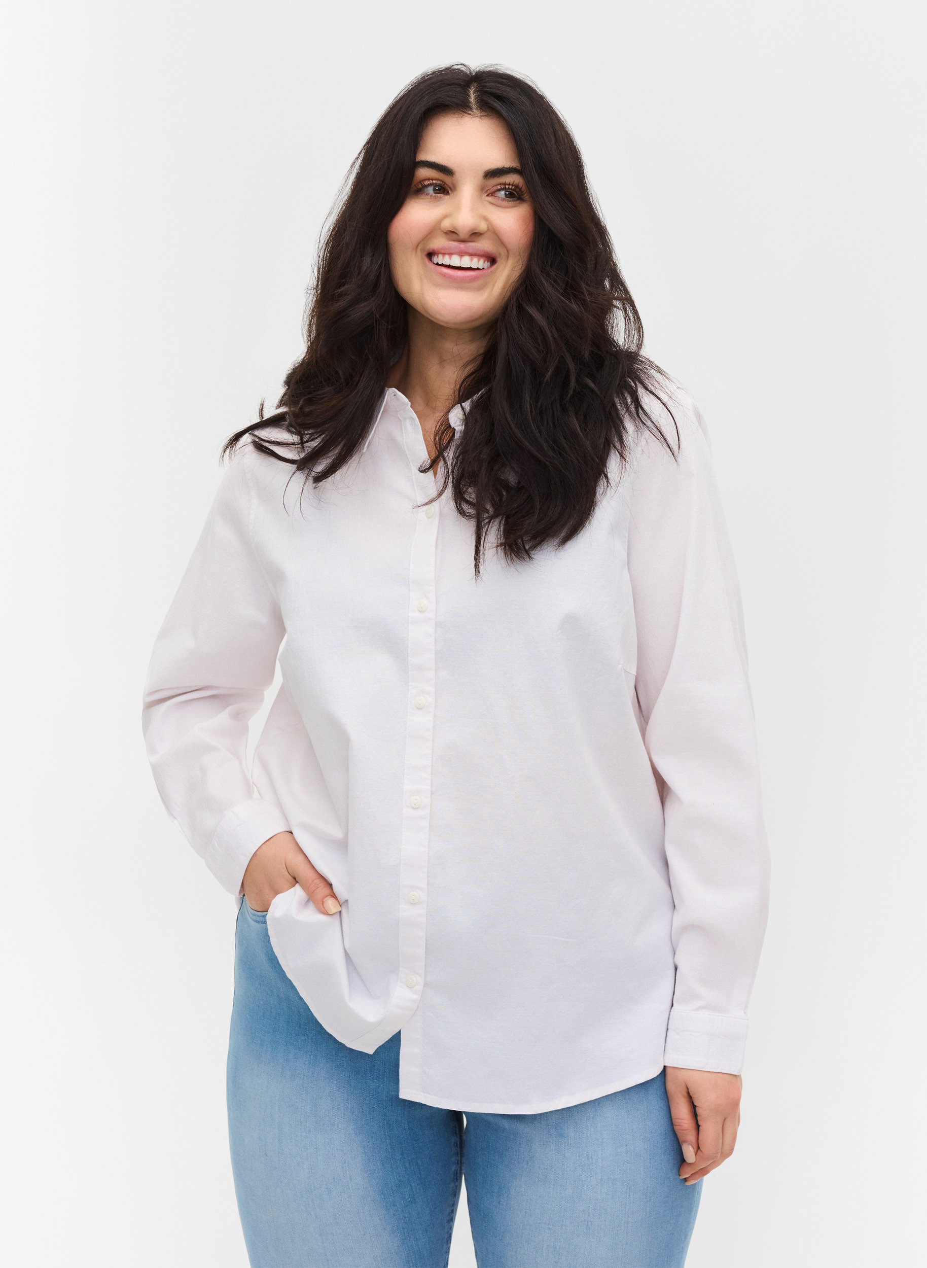 Långärmad skjorta i bomull, Bright White, Model