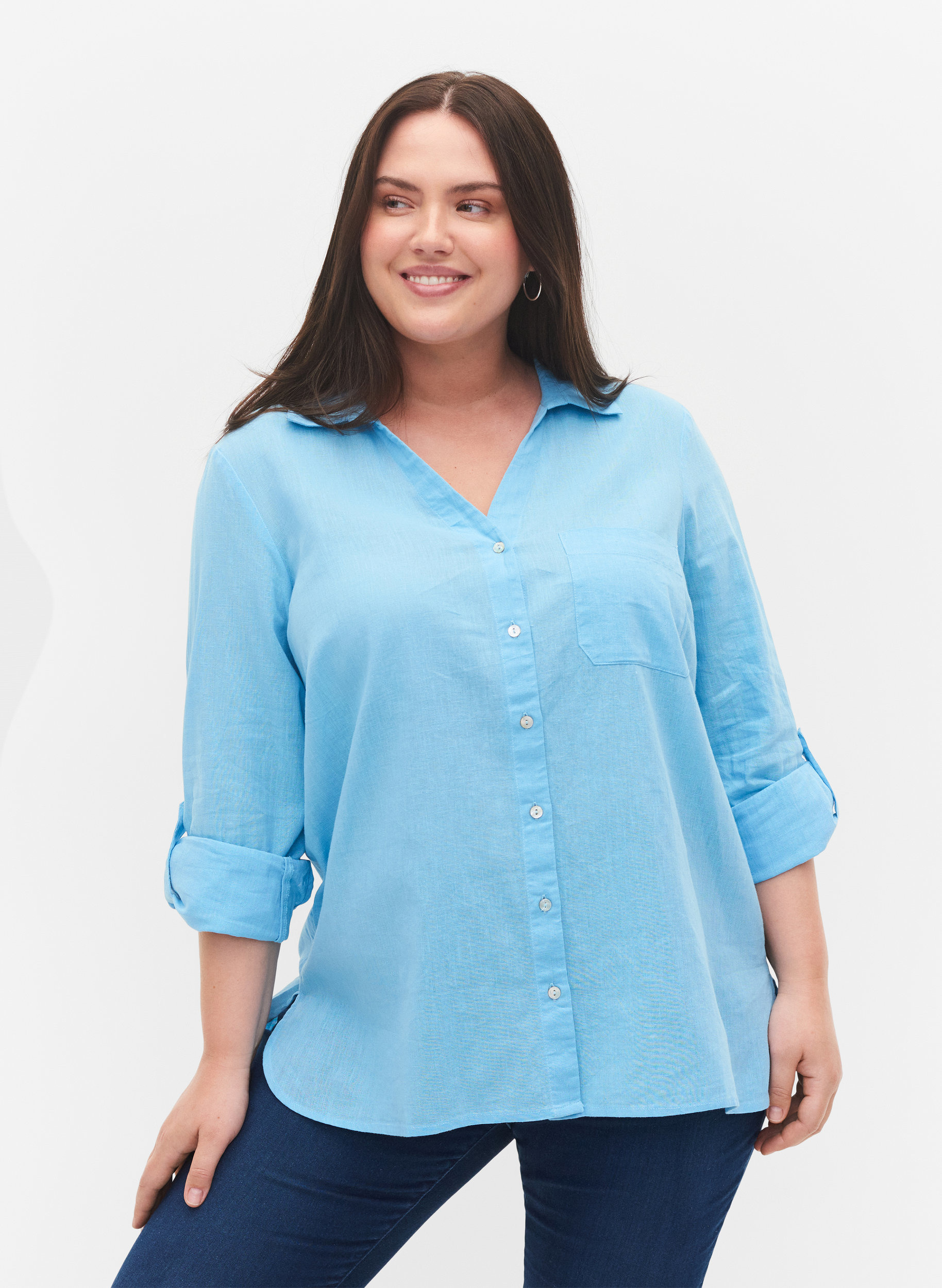 Blus med 3/4-ärmar och knappar, Alaskan Blue, Model