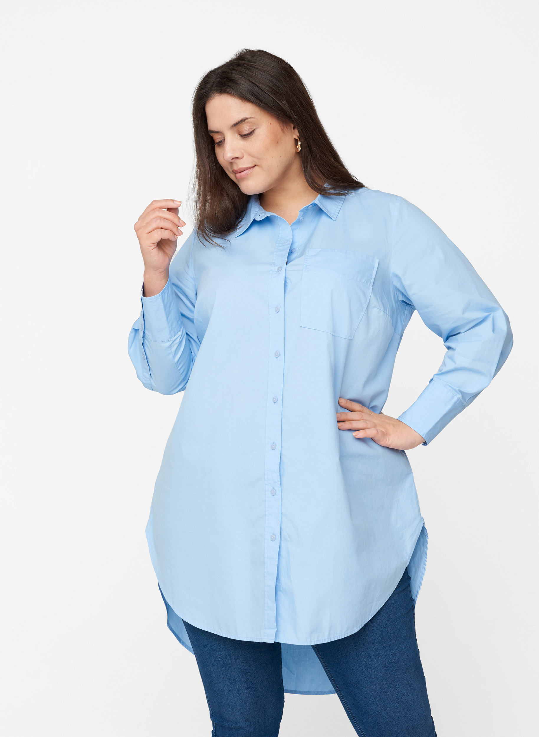 Lång bomullsskjorta med bröstficka, Blue Heron, Model image number 0