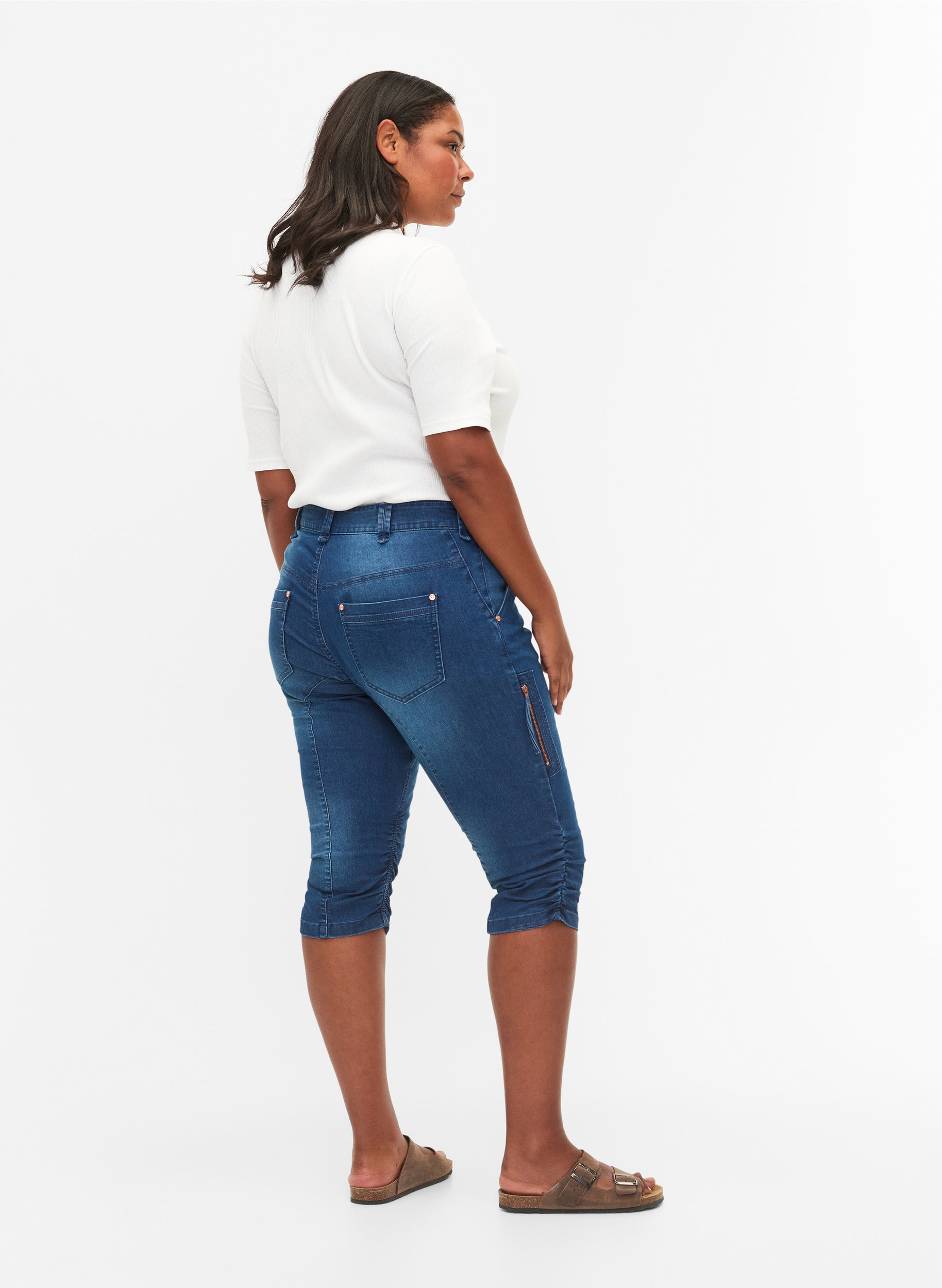 Slim fit capri-jeans med fickor, Dark blue denim, Model image number 2
